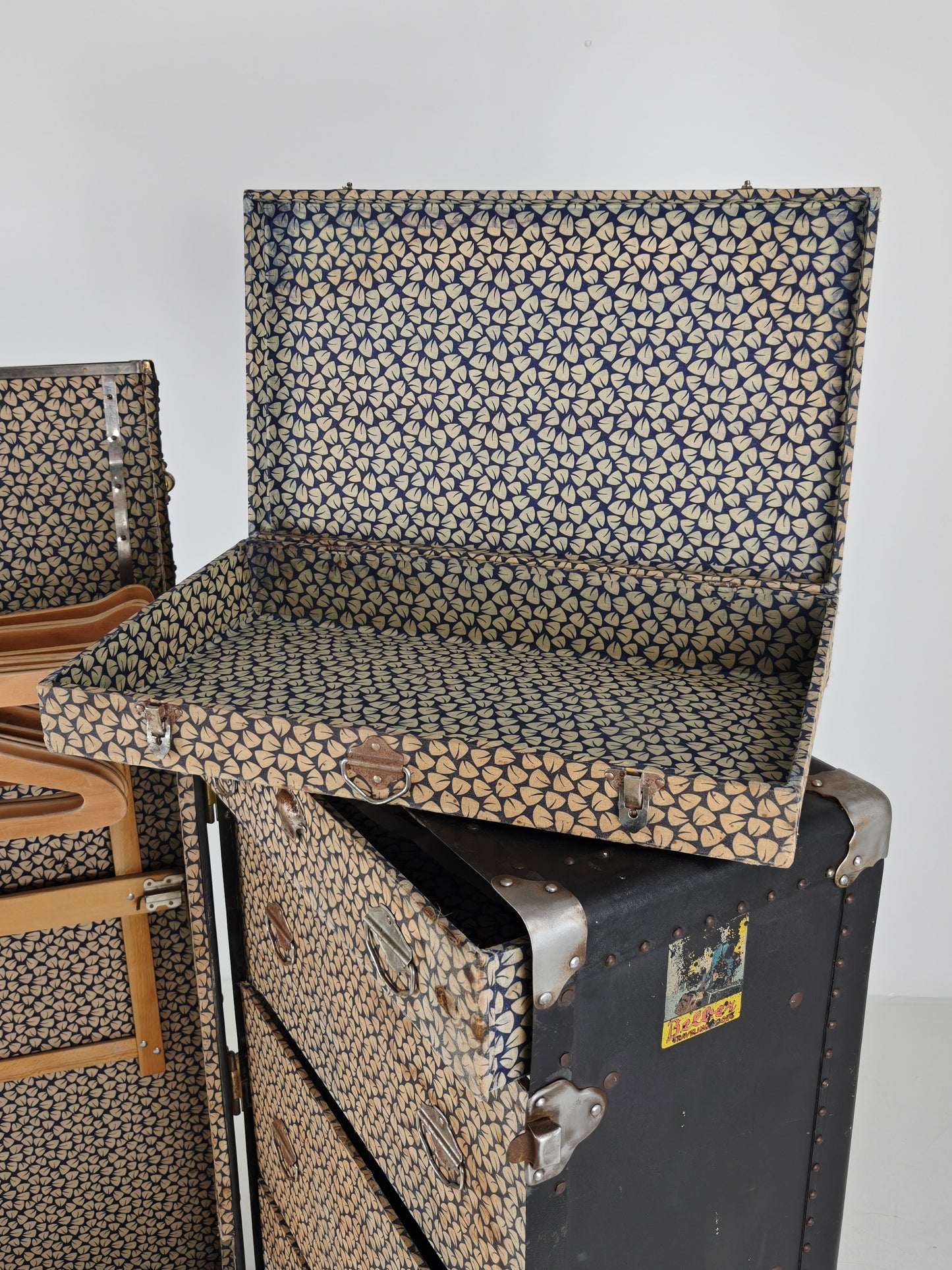 Antique 1924 Belber Black Leather Steamer Trunk - Large Travel Wardrobe