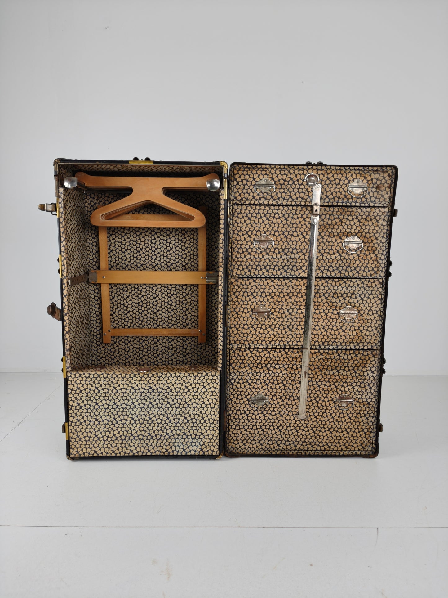 Antique 1924 Belber Black Leather Steamer Trunk - Large Travel Wardrobe