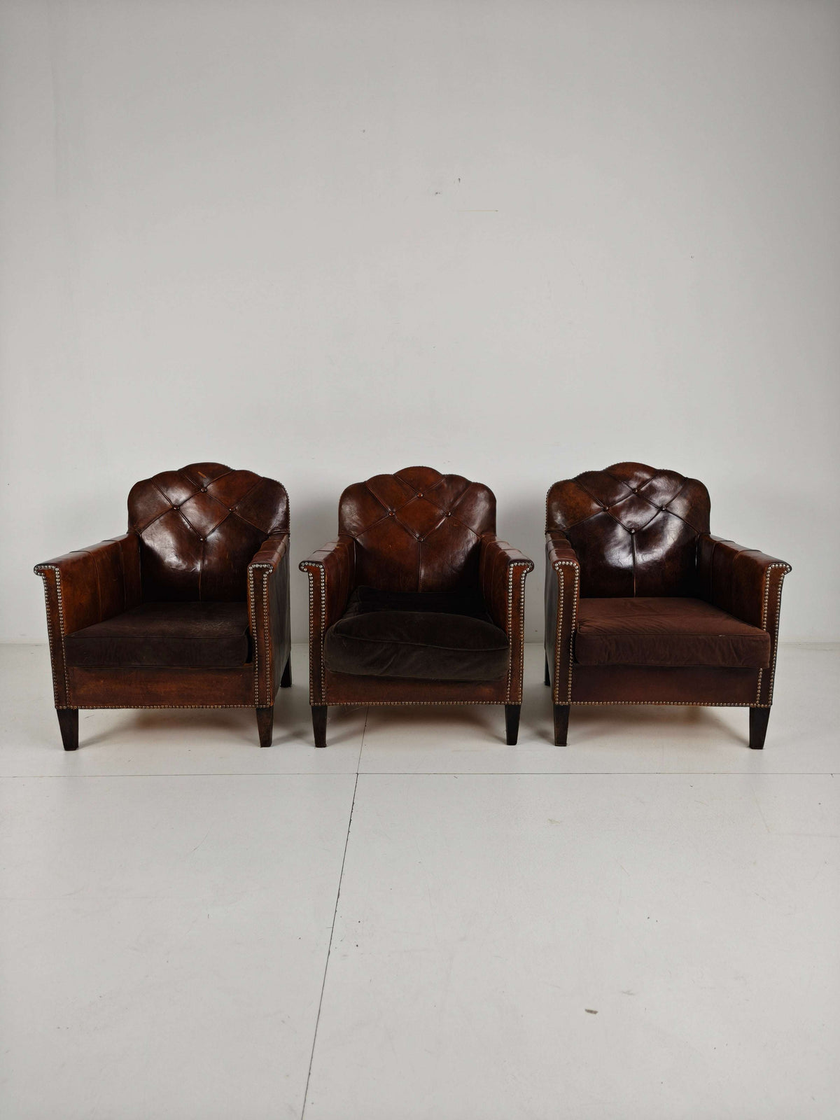 d authentic set of 3 1930s club chairs, upholstered in original sheepskin leather d authentic set of 3 1930s club chairs, upholstered in original sheepskin leather