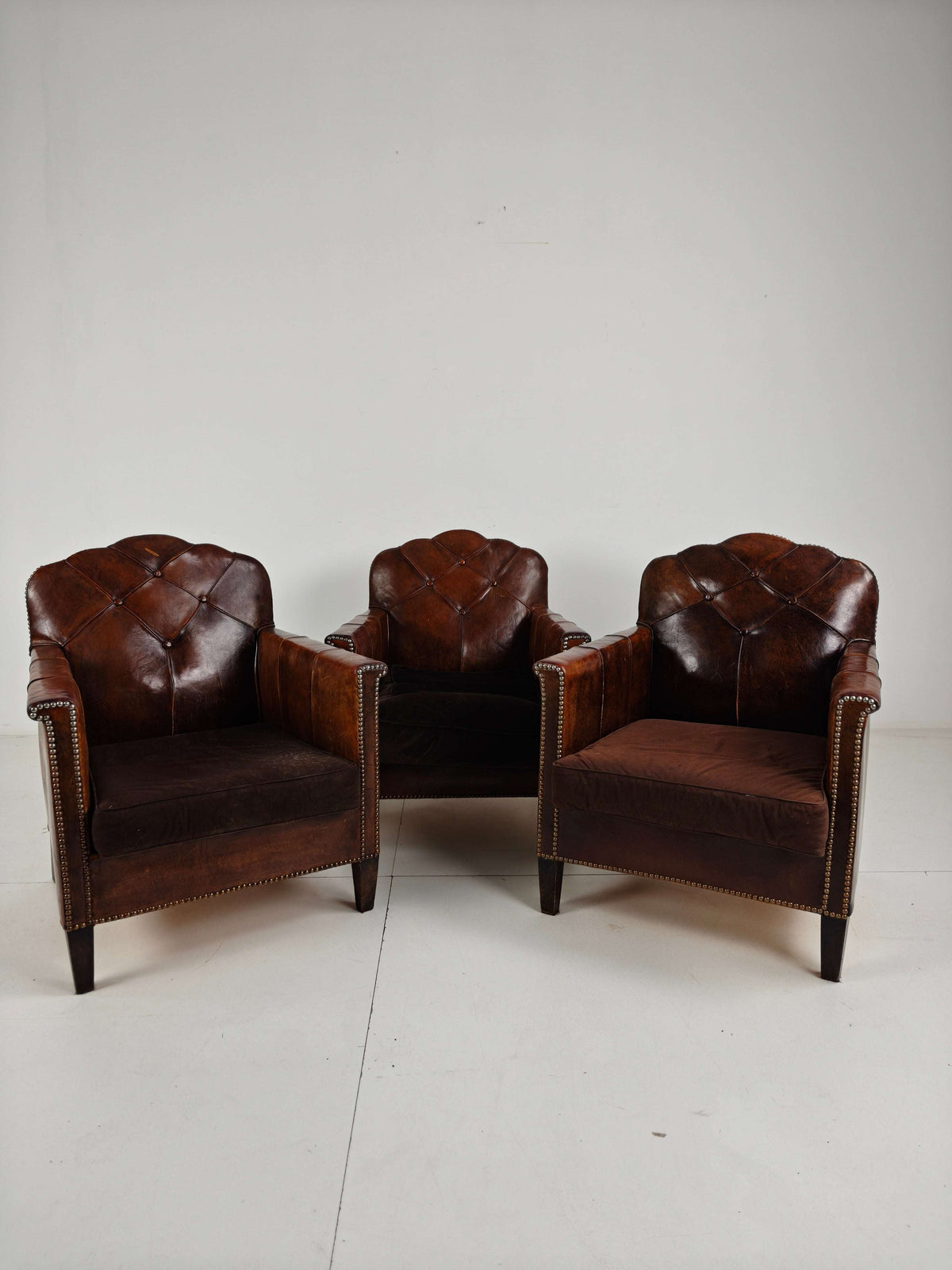 d authentic set of 3 1930s club chairs, upholstered in original sheepskin leather d authentic set of 3 1930s club chairs, upholstered in original sheepskin leather
