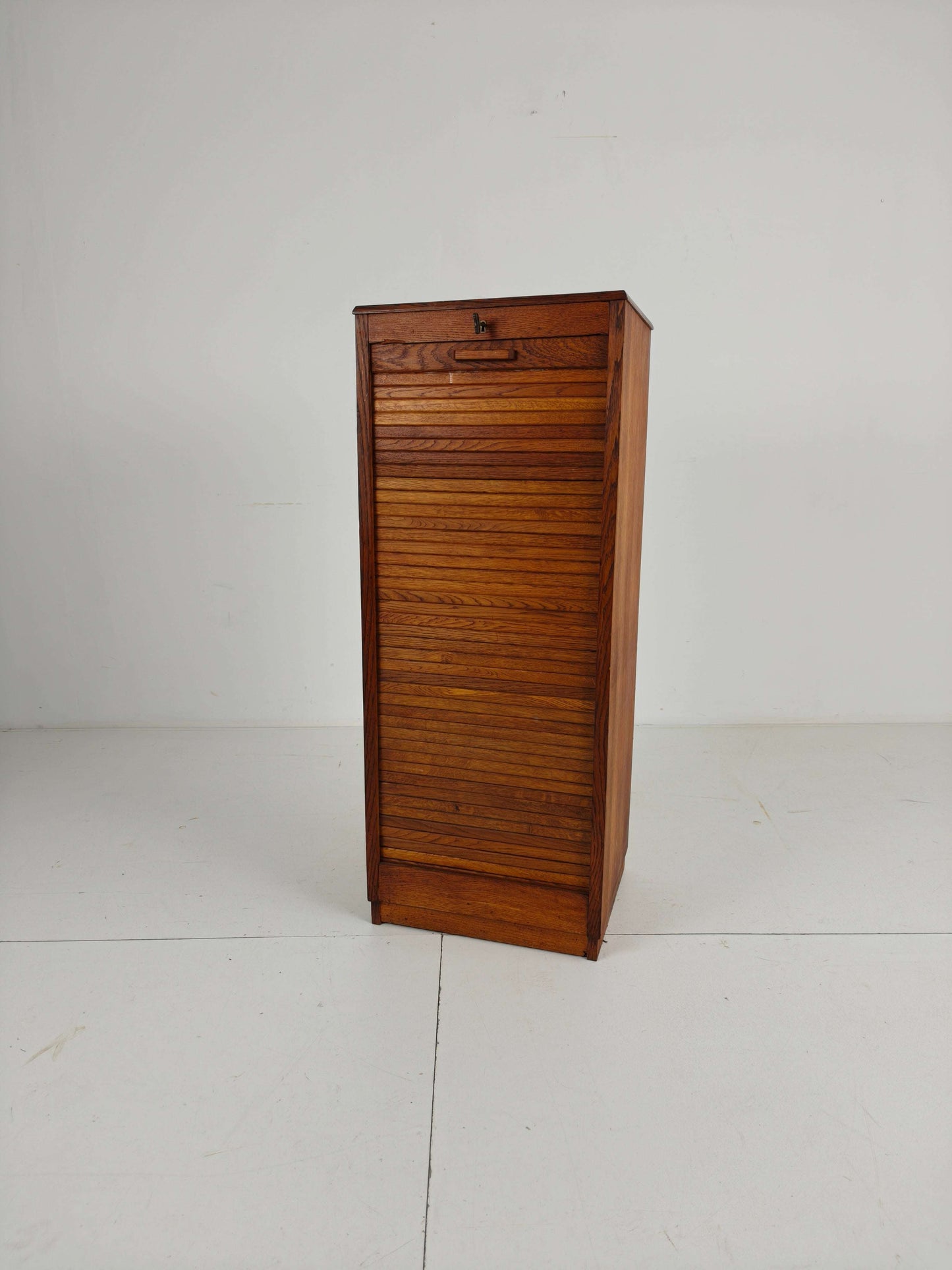 1940s Dutch Oak Archive Cabinet with Tambour Door – Includes Key 1940s Dutch Oak Archive Cabinet with Tambour Door – Includes Key