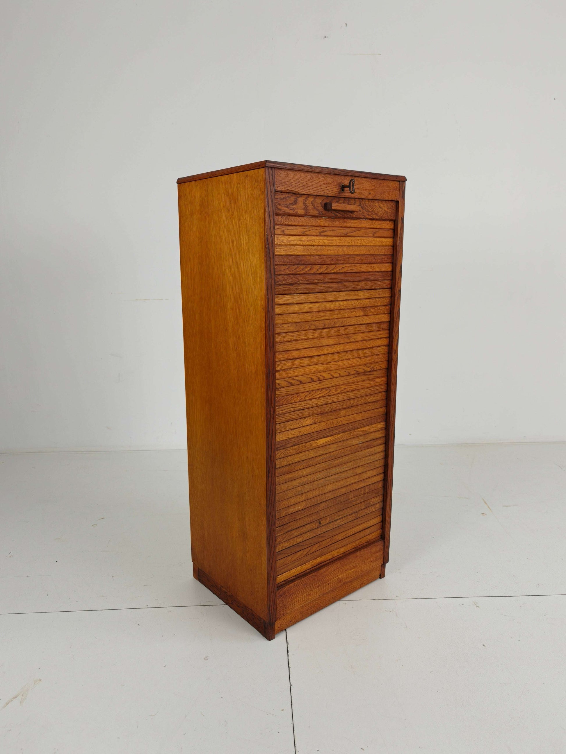 1940s Dutch Oak Archive Cabinet with Tambour Door – Includes Key 1940s Dutch Oak Archive Cabinet with Tambour Door – Includes Key