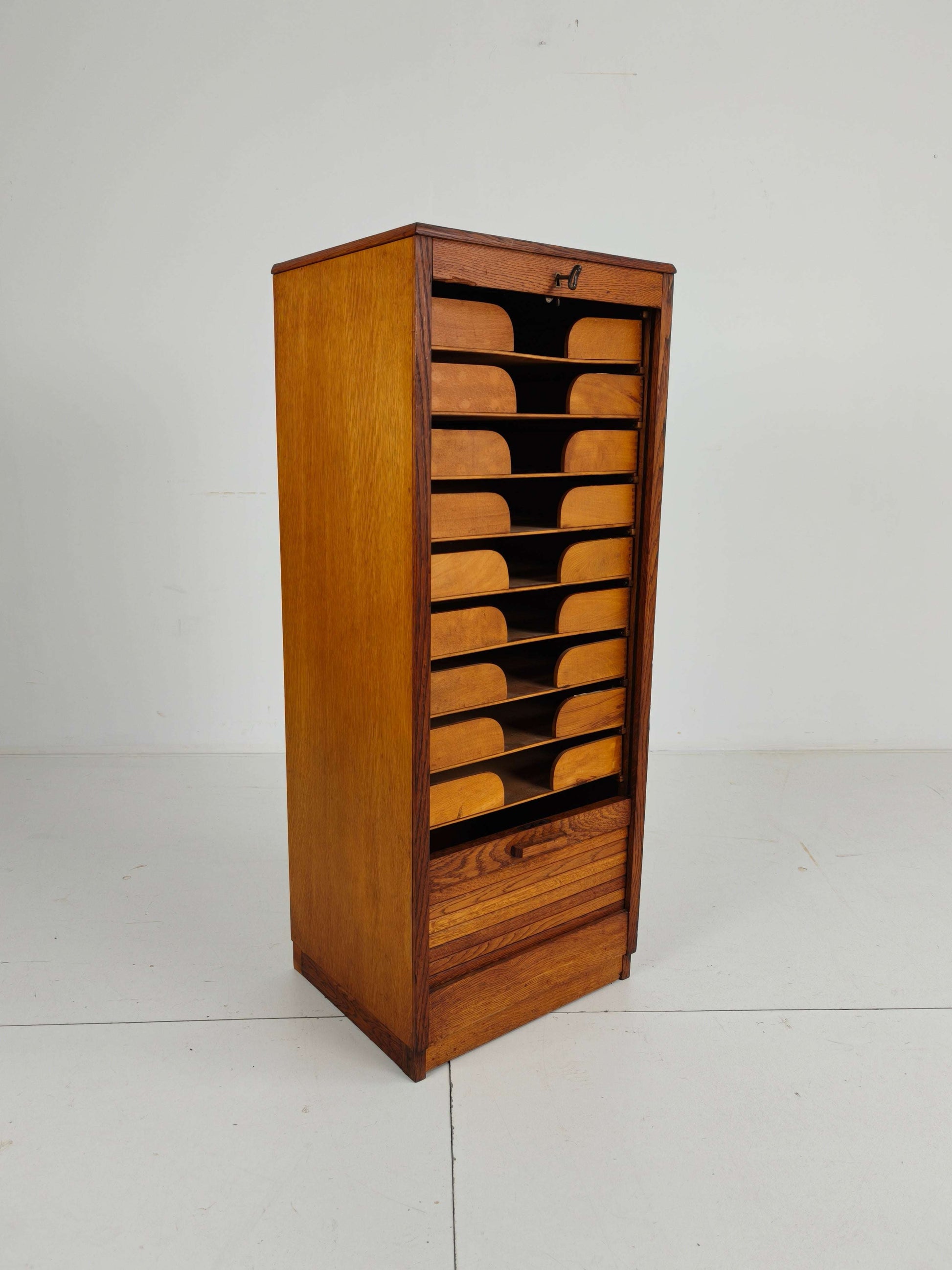1940s Dutch Oak Archive Cabinet with Tambour Door – Includes Key 1940s Dutch Oak Archive Cabinet with Tambour Door – Includes Key