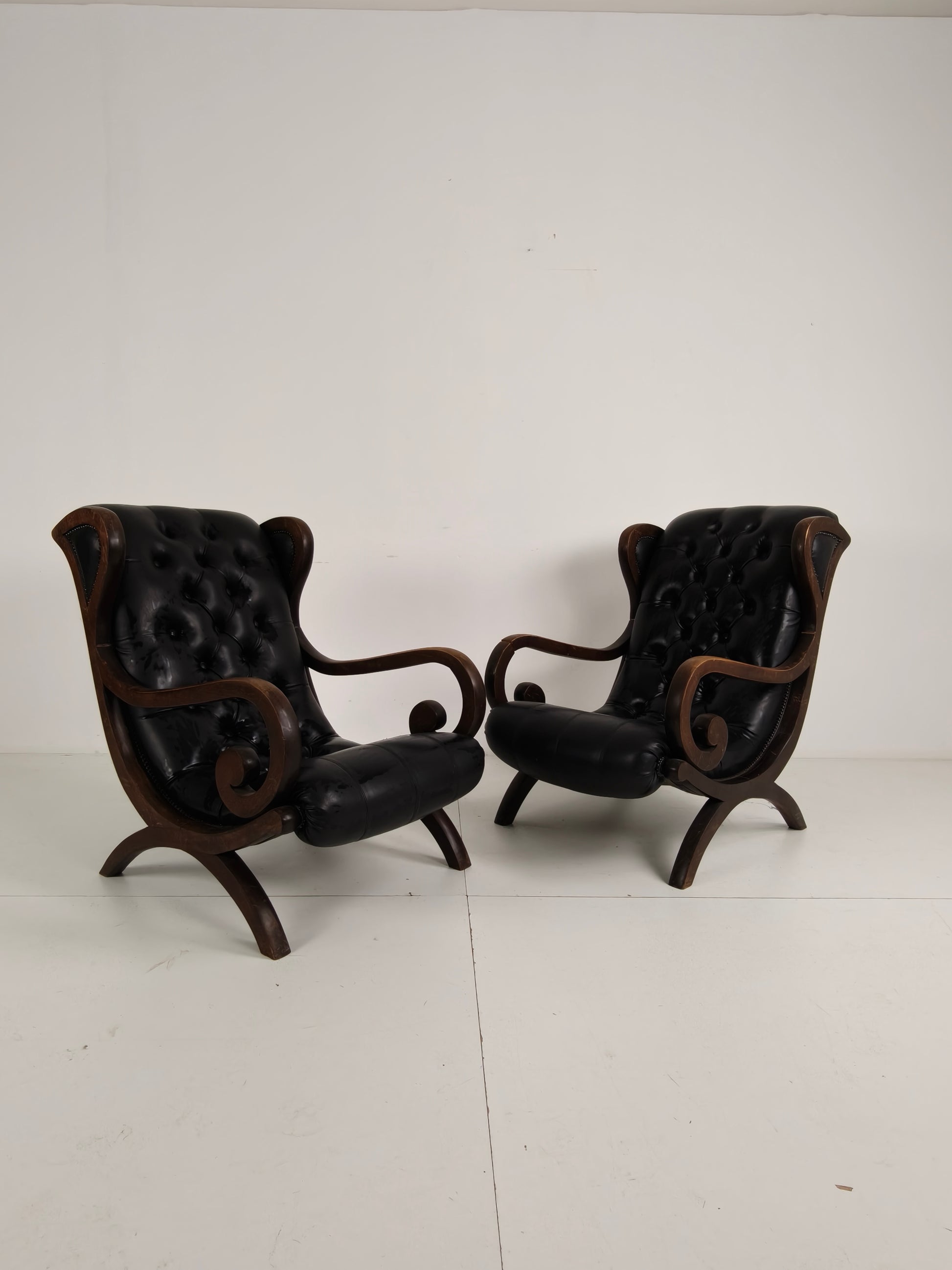 Vintage Set of Chesterfield Lounge Chairs – Black Faux Leather – Curved Arms – Low Model Vintage Set of Chesterfield Lounge Chairs – Black Faux Leather – Curved Arms – Low Model