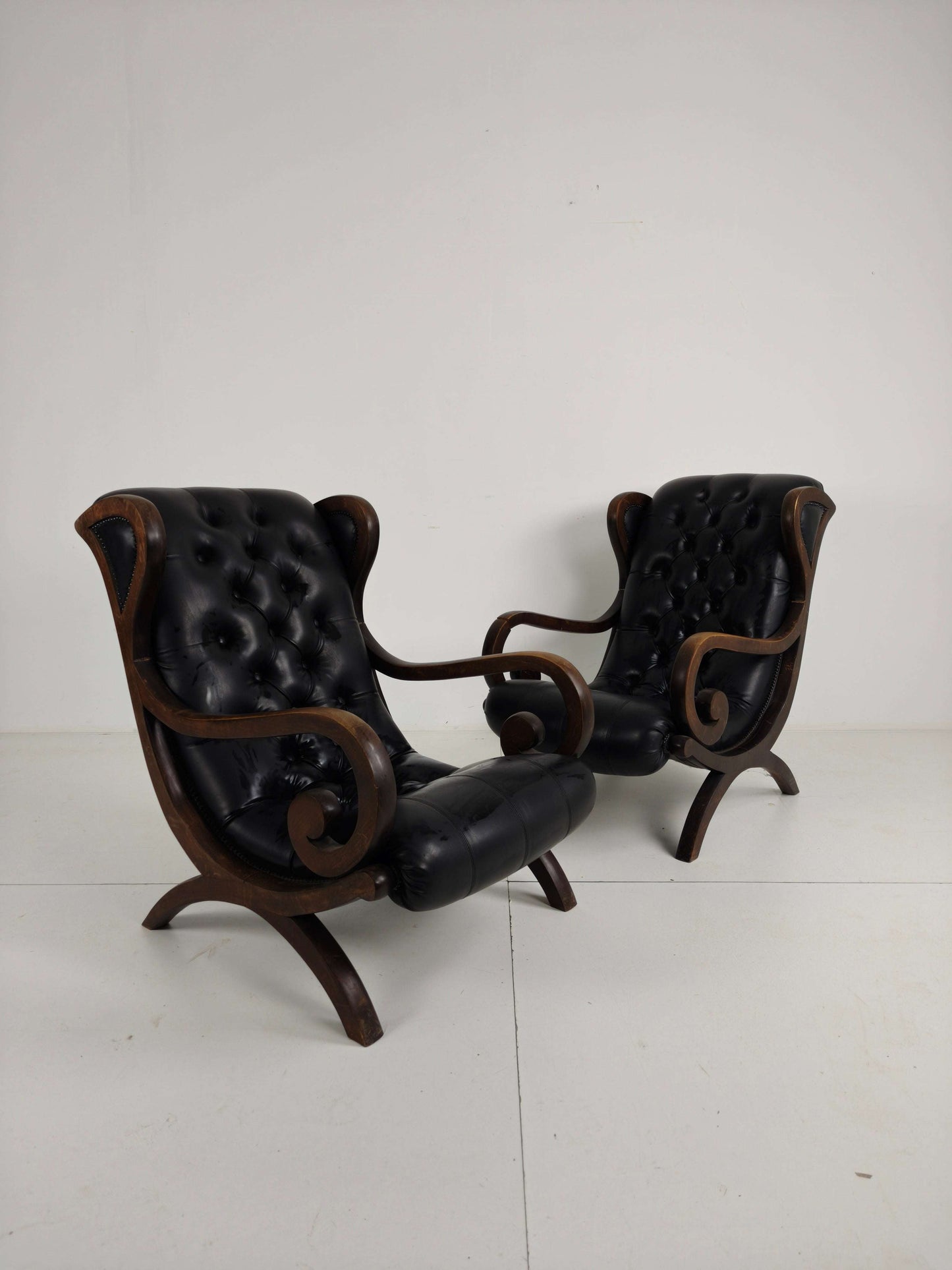 Vintage Set of Chesterfield Lounge Chairs – Black Faux Leather – Curved Arms – Low Model Vintage Set of Chesterfield Lounge Chairs – Black Faux Leather – Curved Arms – Low Model