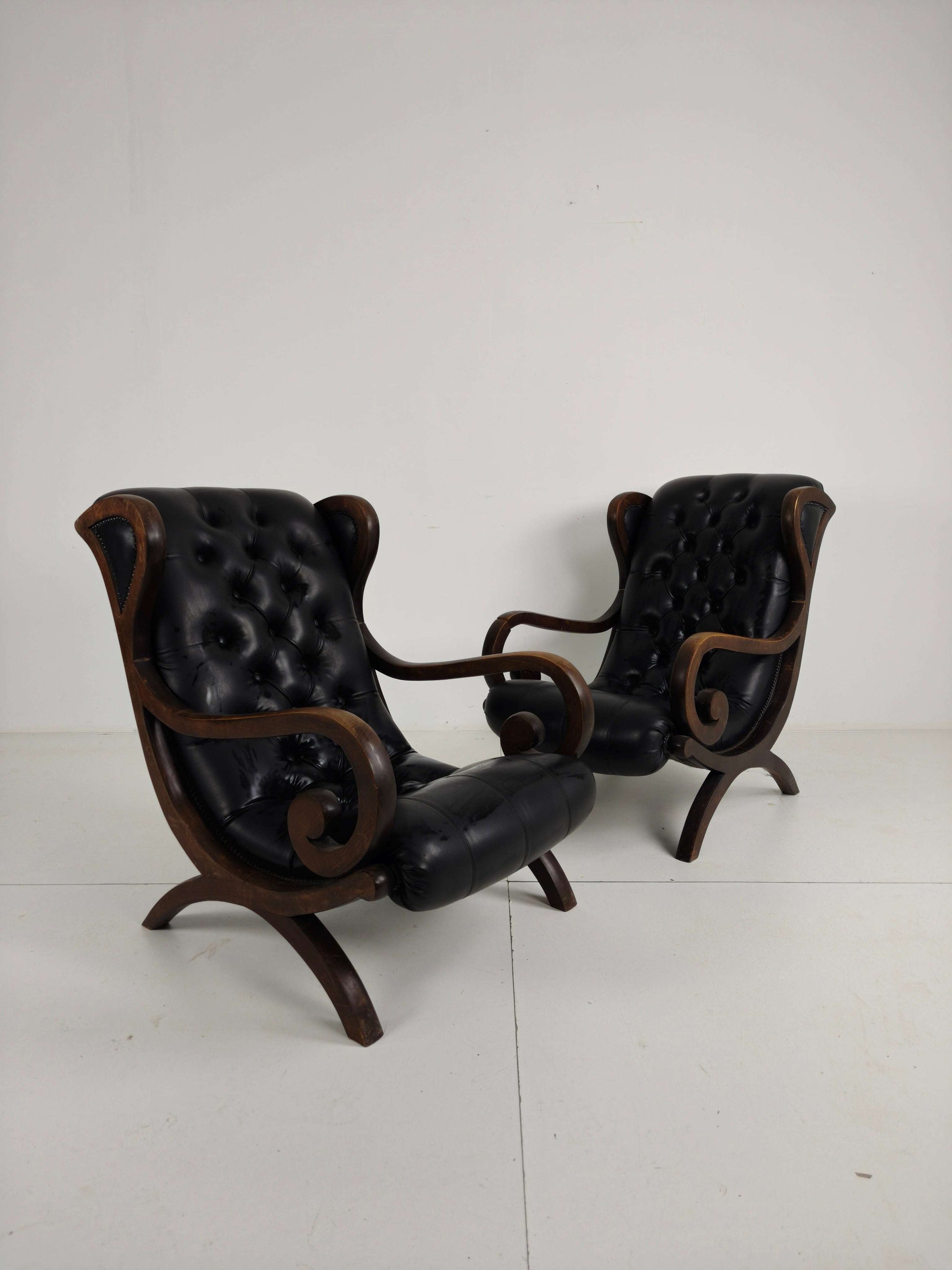 Vintage Set of Chesterfield Lounge Chairs – Black Faux Leather – Curved Arms – Low Model Vintage Set of Chesterfield Lounge Chairs – Black Faux Leather – Curved Arms – Low Model