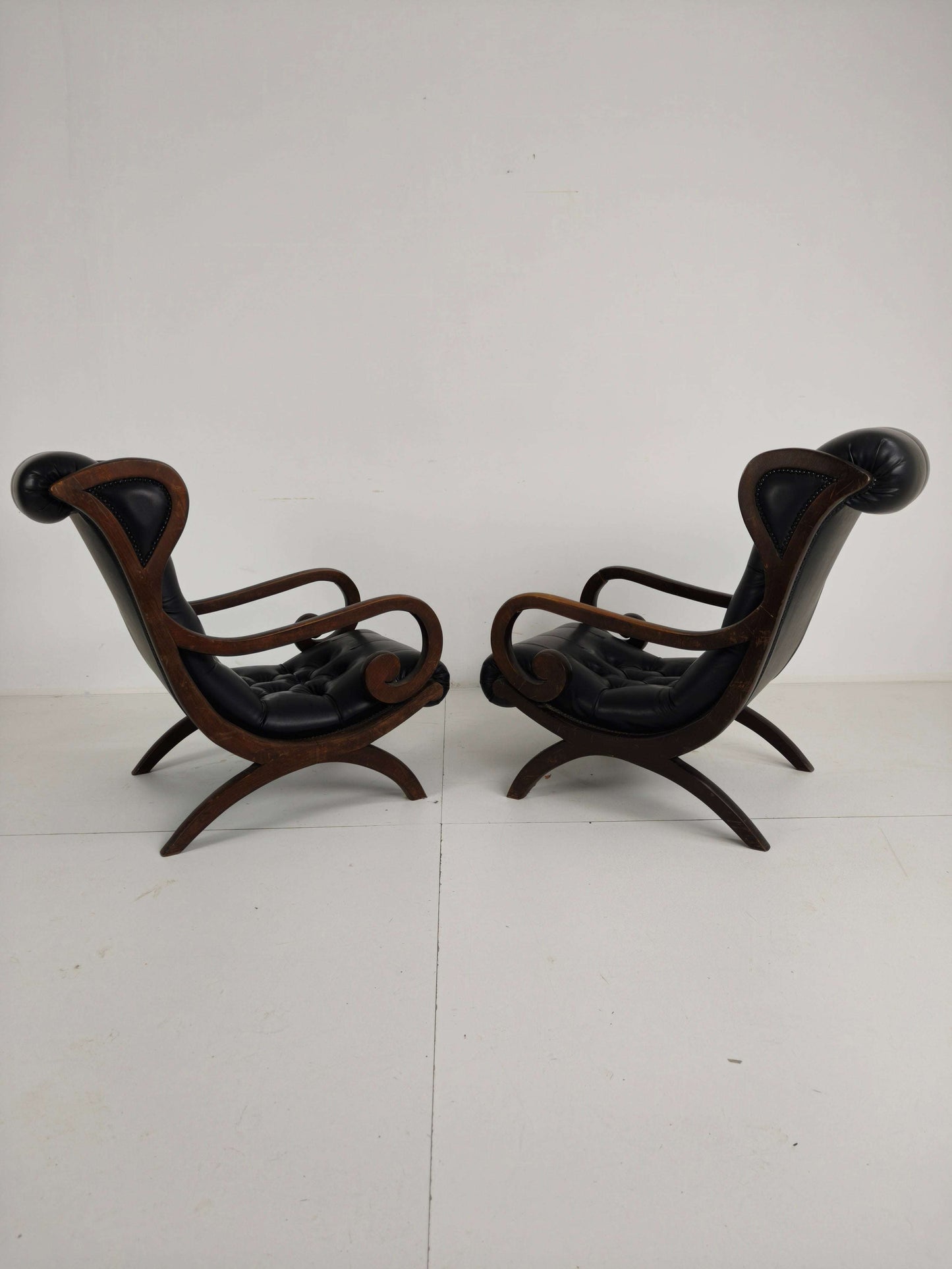 Vintage Set of Chesterfield Lounge Chairs – Black Faux Leather – Curved Arms – Low Model Vintage Set of Chesterfield Lounge Chairs – Black Faux Leather – Curved Arms – Low Model