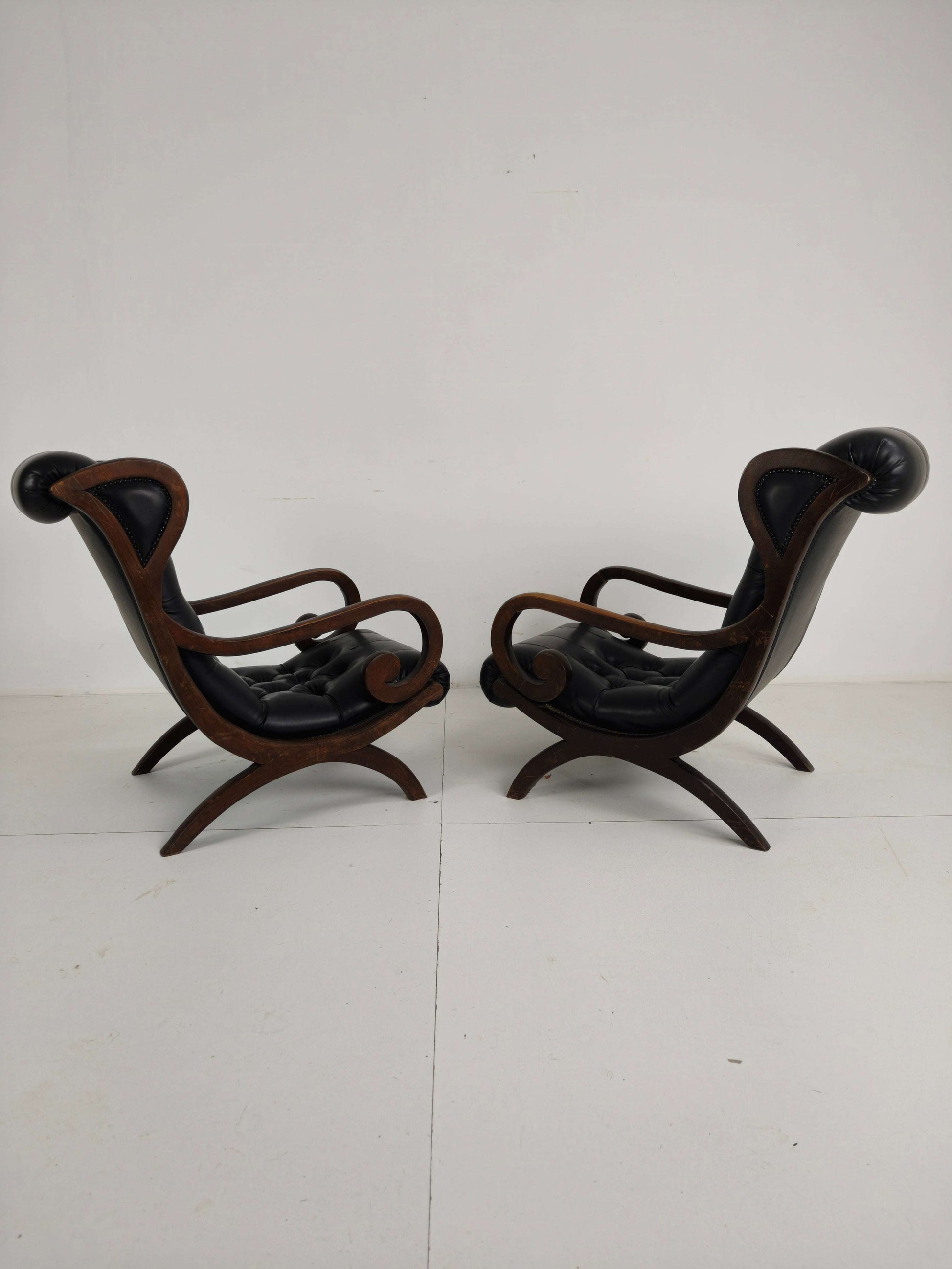 Vintage Set of Chesterfield Lounge Chairs – Black Faux Leather – Curved Arms – Low Model Vintage Set of Chesterfield Lounge Chairs – Black Faux Leather – Curved Arms – Low Model