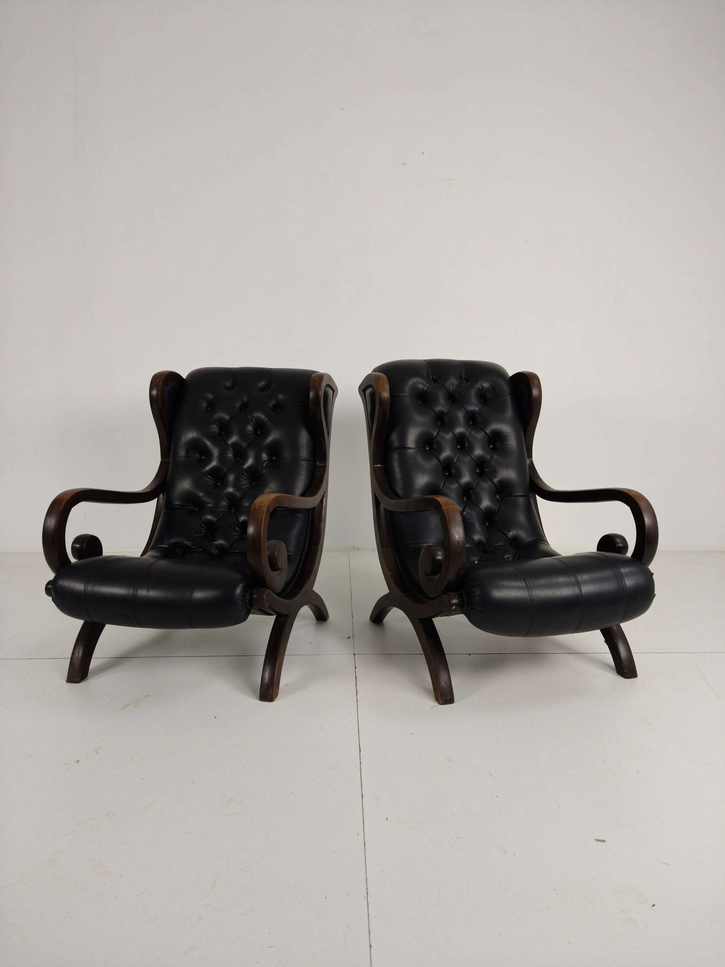 Vintage Set of Chesterfield Lounge Chairs – Black Faux Leather – Curved Arms – Low Model Vintage Set of Chesterfield Lounge Chairs – Black Faux Leather – Curved Arms – Low Model