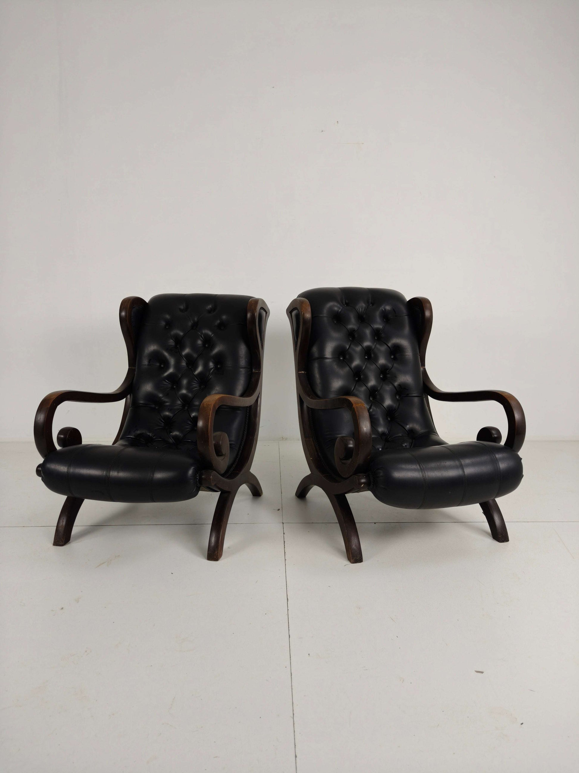 Vintage Set of Chesterfield Lounge Chairs – Black Faux Leather – Curved Arms – Low Model Vintage Set of Chesterfield Lounge Chairs – Black Faux Leather – Curved Arms – Low Model