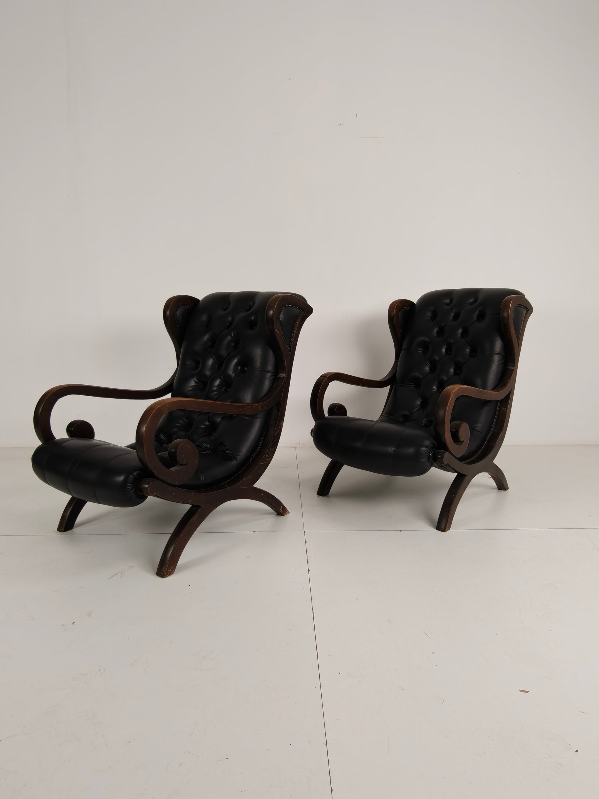 Vintage Set of Chesterfield Lounge Chairs – Black Faux Leather – Curved Arms – Low Model Vintage Set of Chesterfield Lounge Chairs – Black Faux Leather – Curved Arms – Low Model