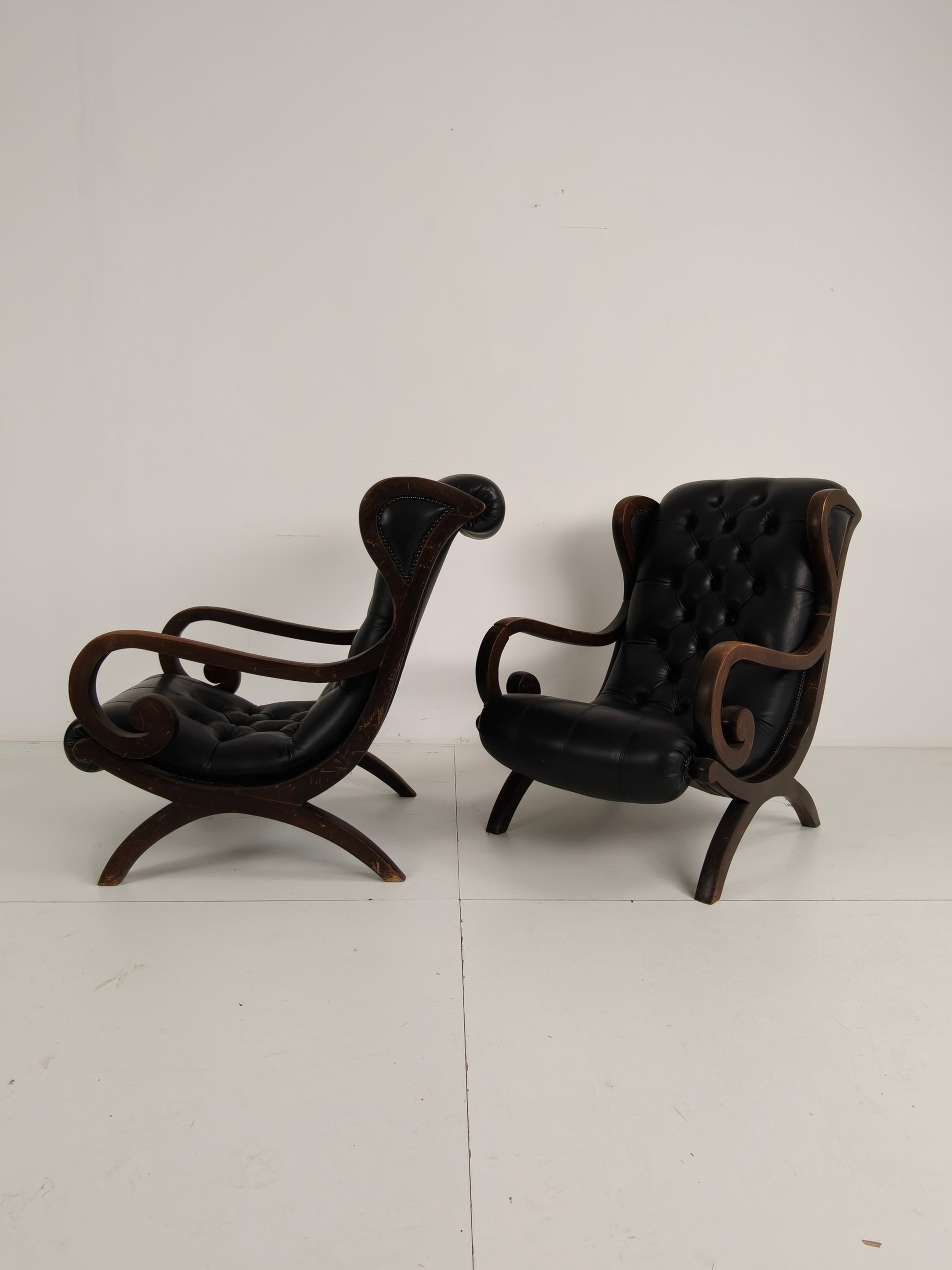 Vintage Set of Chesterfield Lounge Chairs – Black Faux Leather – Curved Arms – Low Model Vintage Set of Chesterfield Lounge Chairs – Black Faux Leather – Curved Arms – Low Model