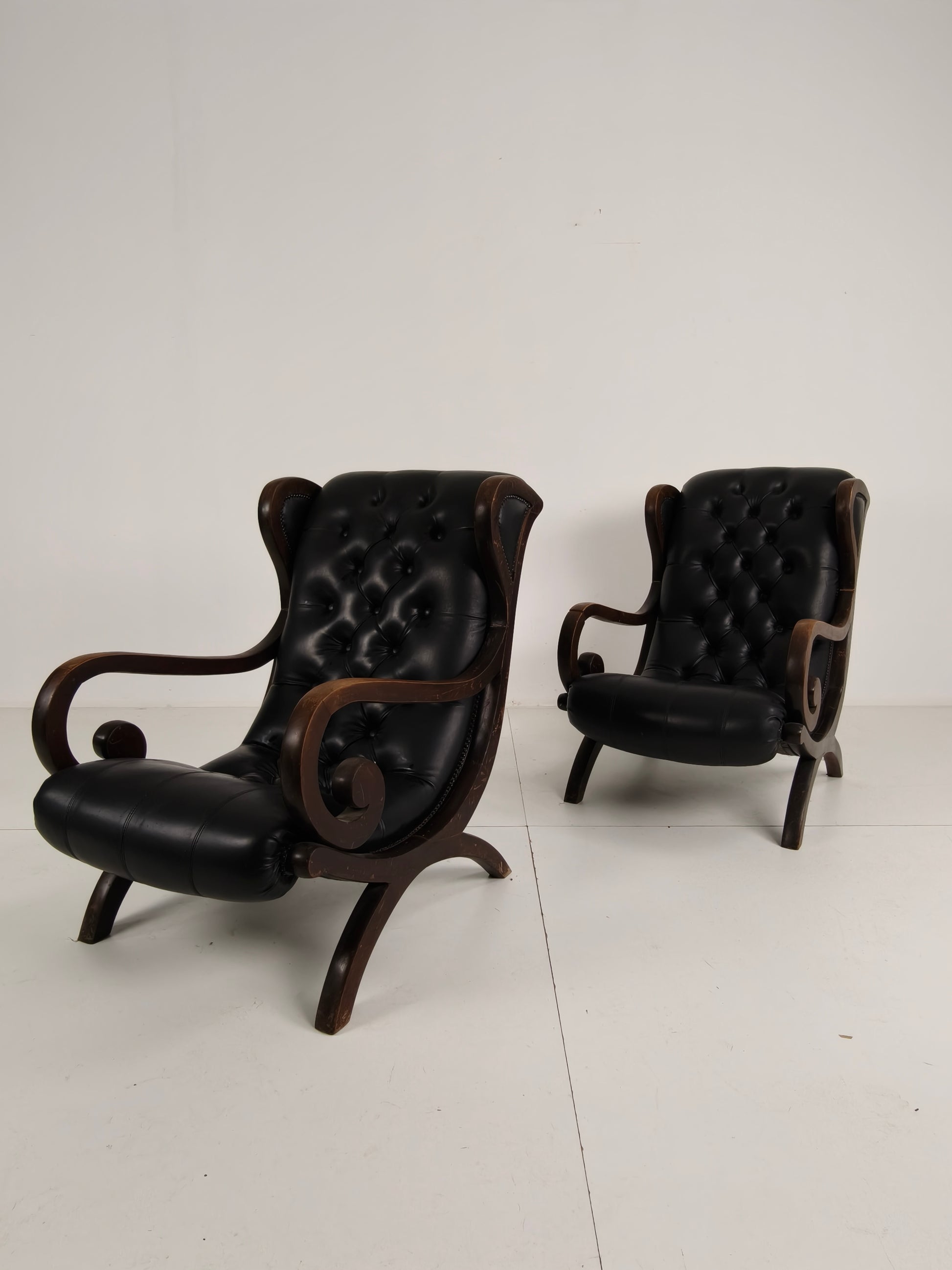Vintage Set of Chesterfield Lounge Chairs – Black Faux Leather – Curved Arms – Low Model Vintage Set of Chesterfield Lounge Chairs – Black Faux Leather – Curved Arms – Low Model