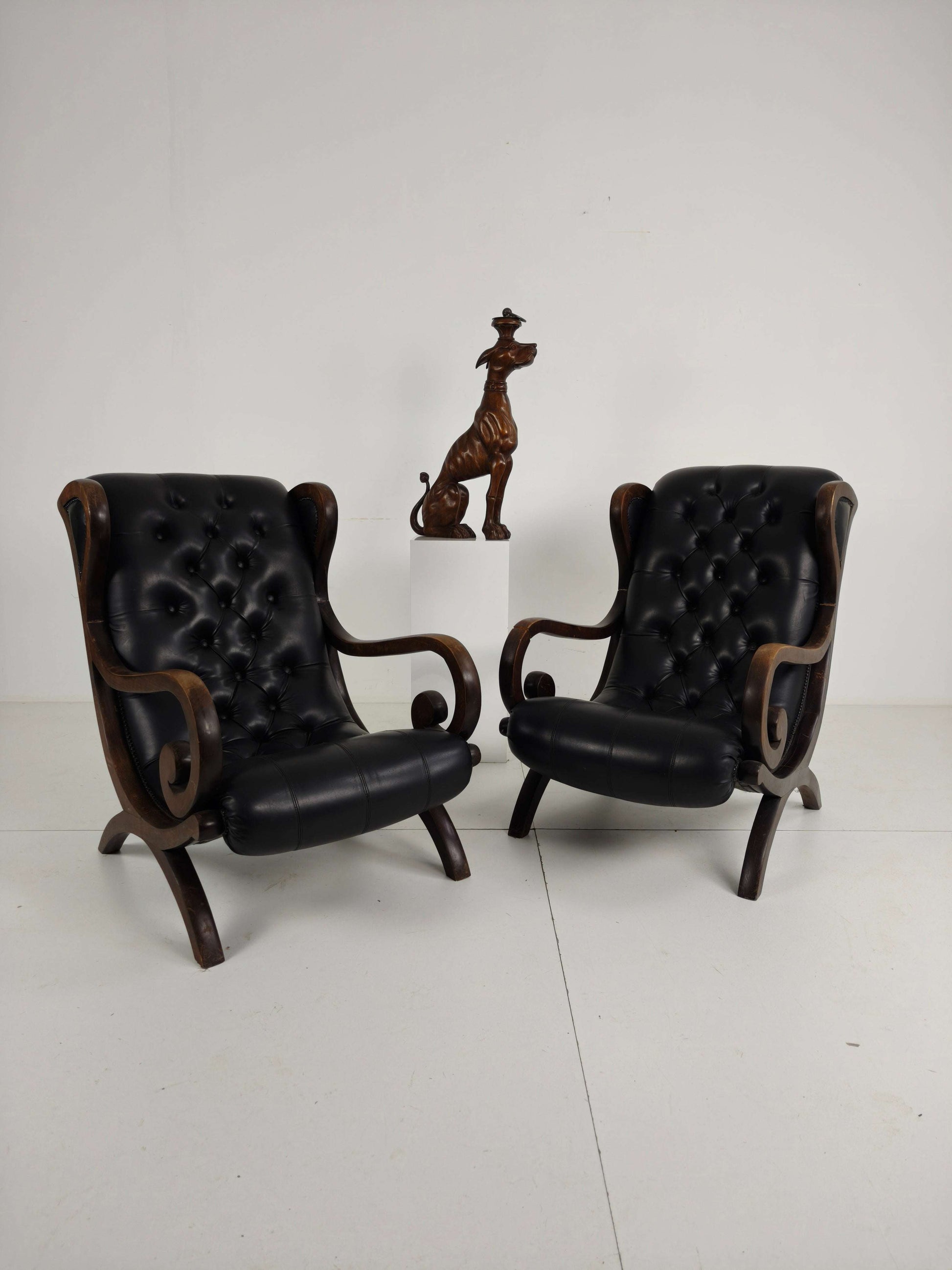Vintage Set of Chesterfield Lounge Chairs – Black Faux Leather – Curved Arms – Low Model Vintage Set of Chesterfield Lounge Chairs – Black Faux Leather – Curved Arms – Low Model