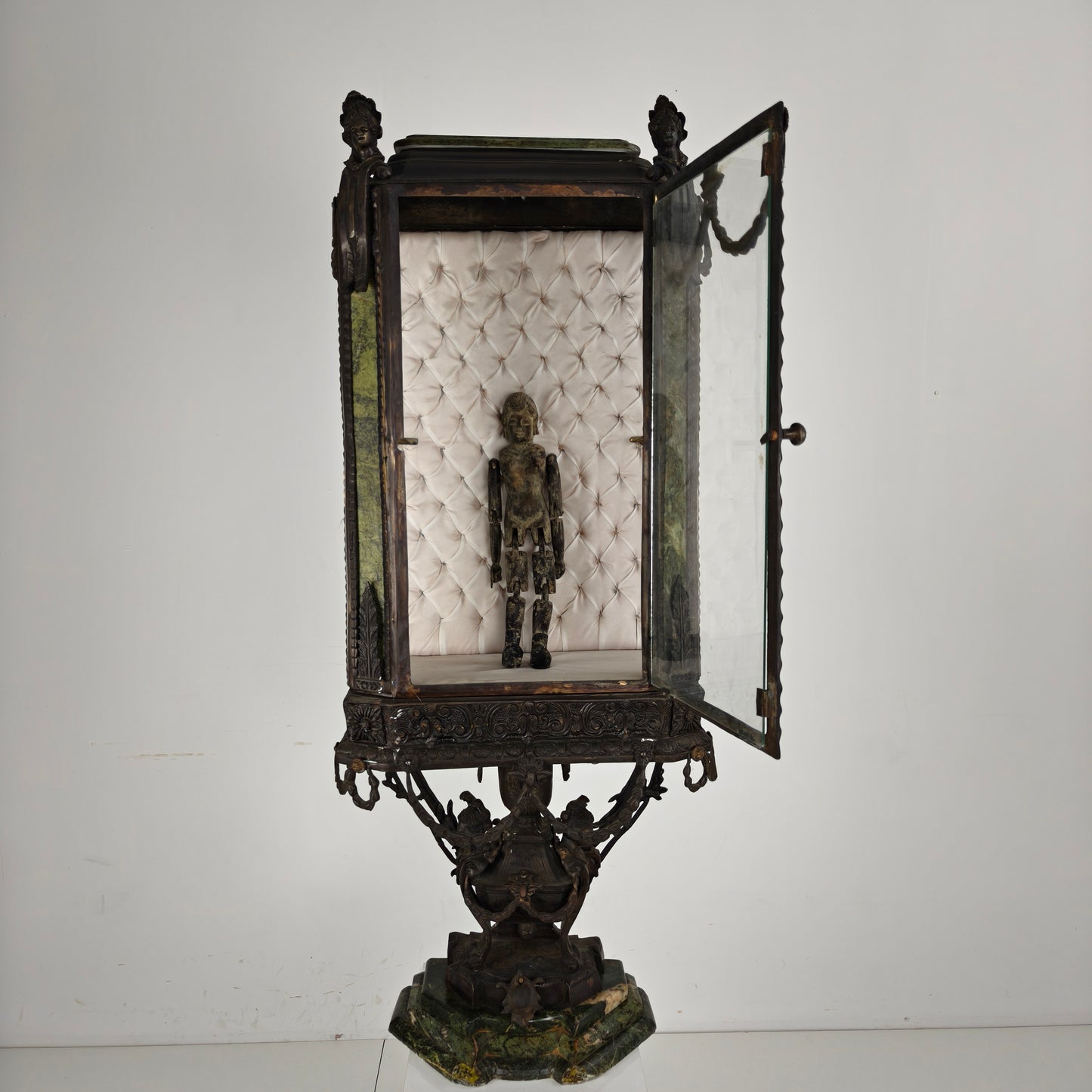 Continental Louis XIV-Style Cast Zinc & Green Marble Curio Cabinet – Early 20th Century