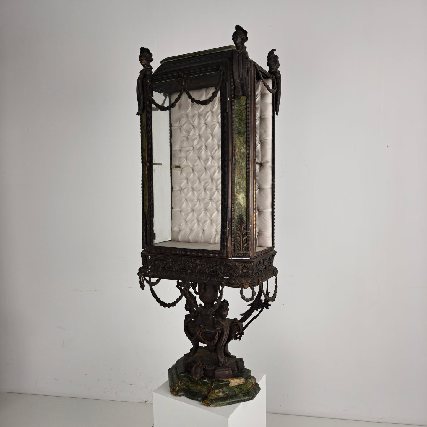 Continental Louis XIV-Style Cast Zinc & Green Marble Curio Cabinet – Early 20th Century