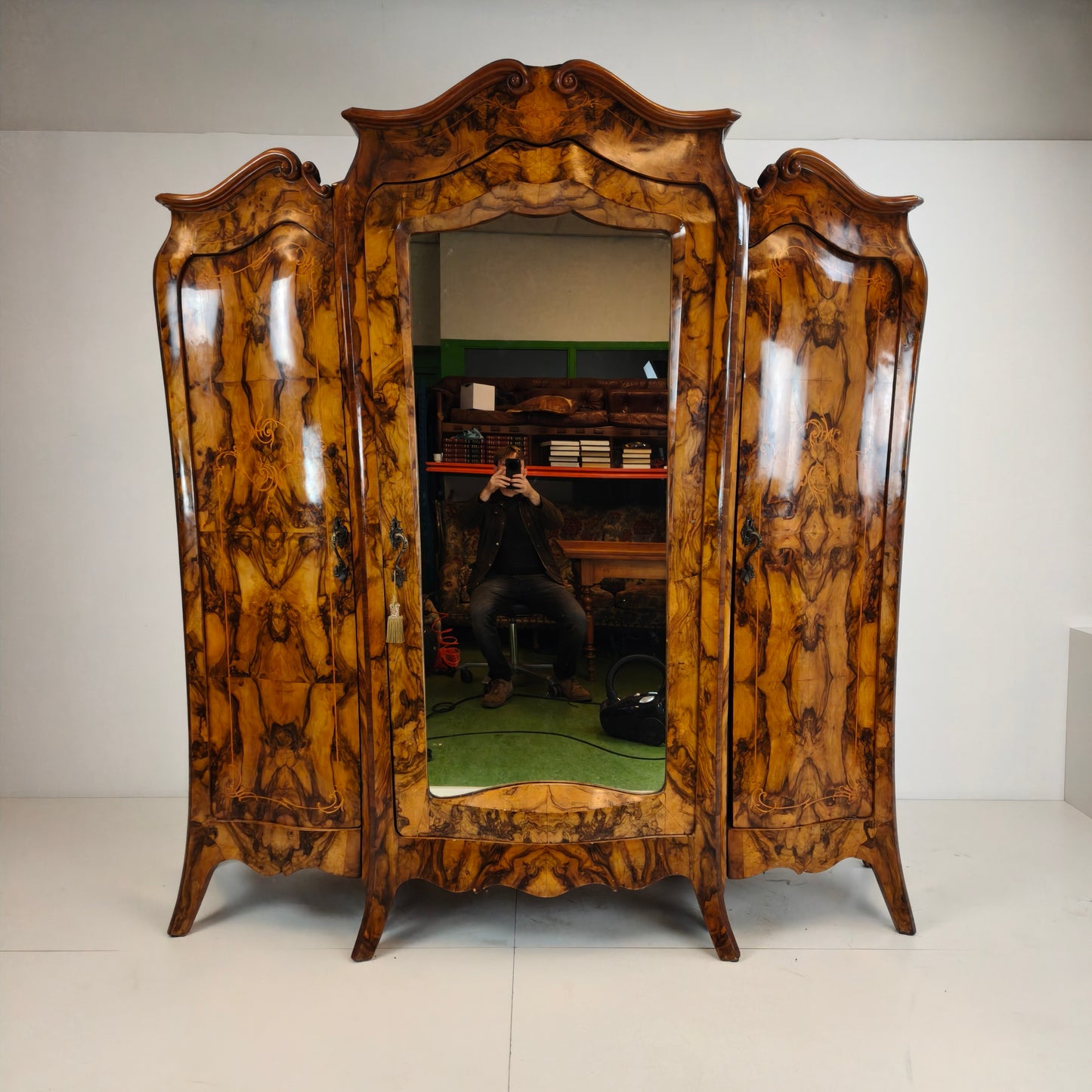 Large Antique Italian Armoire / Wardrobe – Burl Walnut, Bombé Shape
