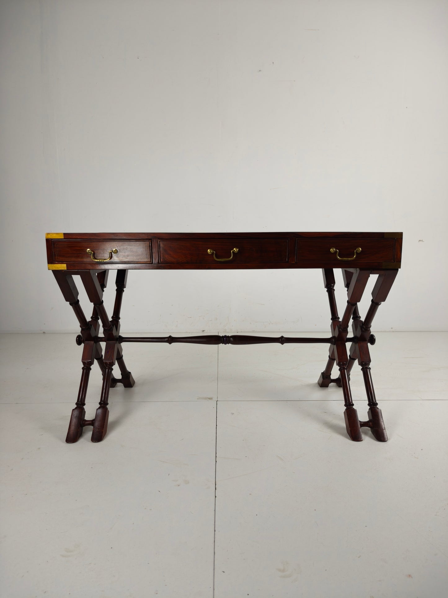 Vintage  Anglo Indian Military Campaign Trestle Writing Desk With Brass Inlay