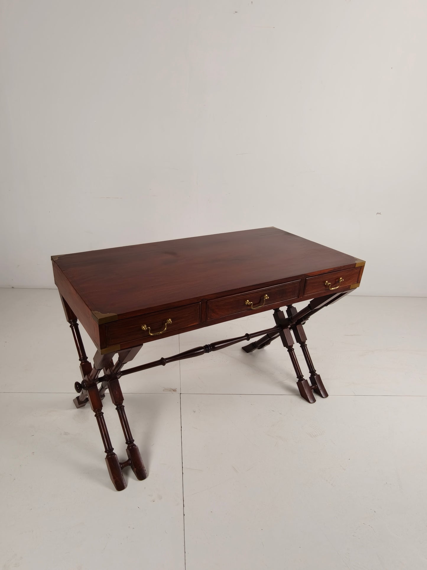 Vintage  Anglo Indian Military Campaign Trestle Writing Desk With Brass Inlay
