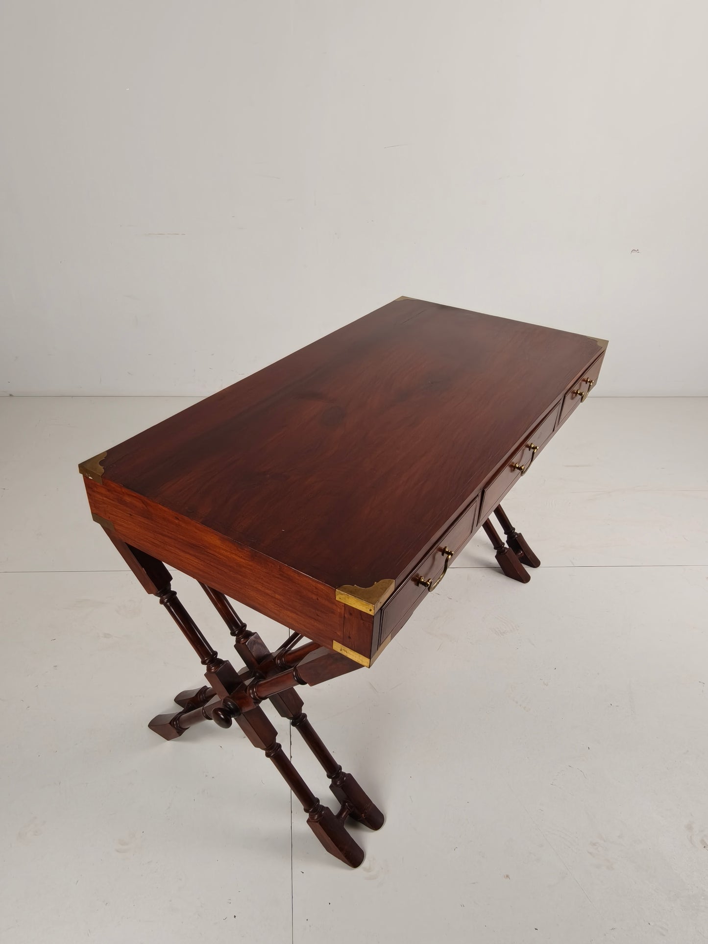 Vintage  Anglo Indian Military Campaign Trestle Writing Desk With Brass Inlay