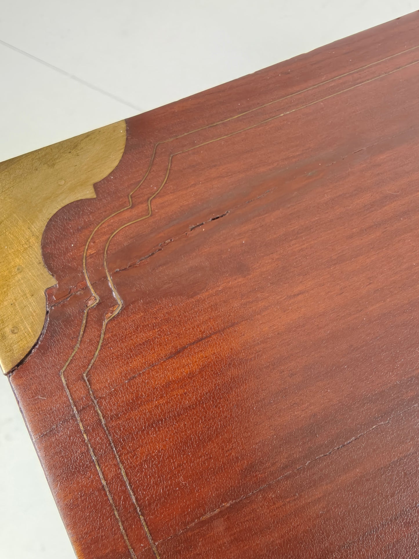 Vintage  Anglo Indian Military Campaign Trestle Writing Desk With Brass Inlay