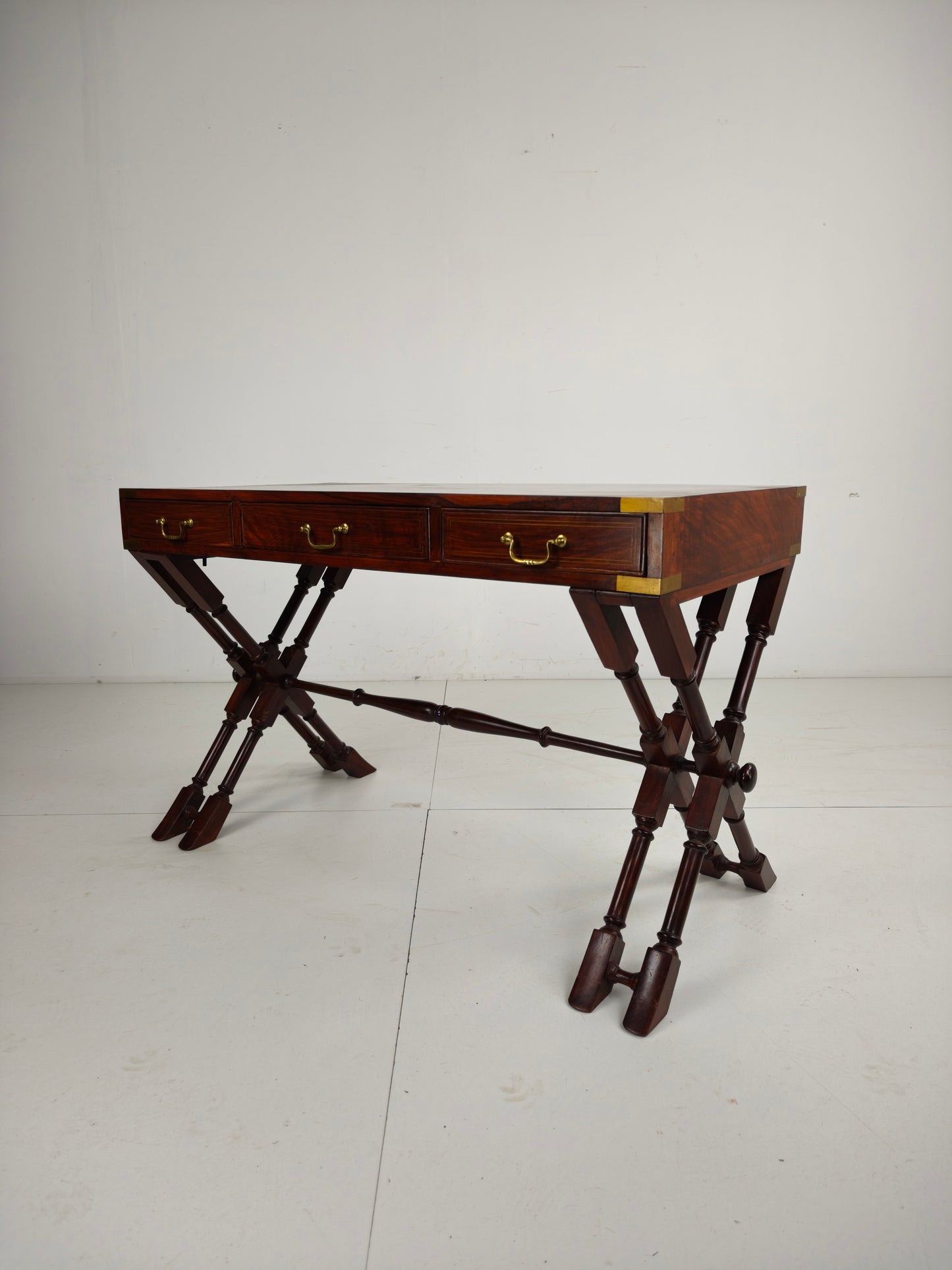 Vintage  Anglo Indian Military Campaign Trestle Writing Desk With Brass Inlay