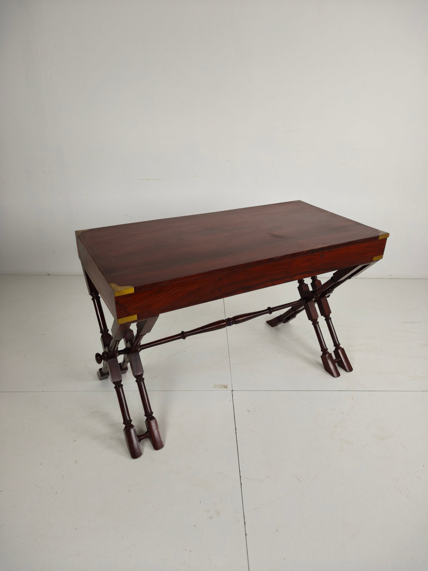 Vintage  Anglo Indian Military Campaign Trestle Writing Desk With Brass Inlay