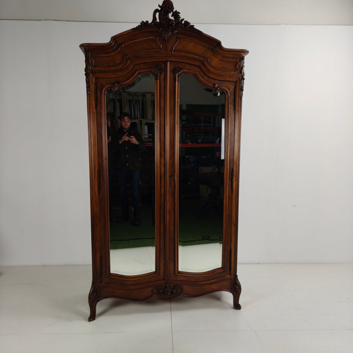 French Louis XV Style Carved Wood Armoire with Mirrored Doors
