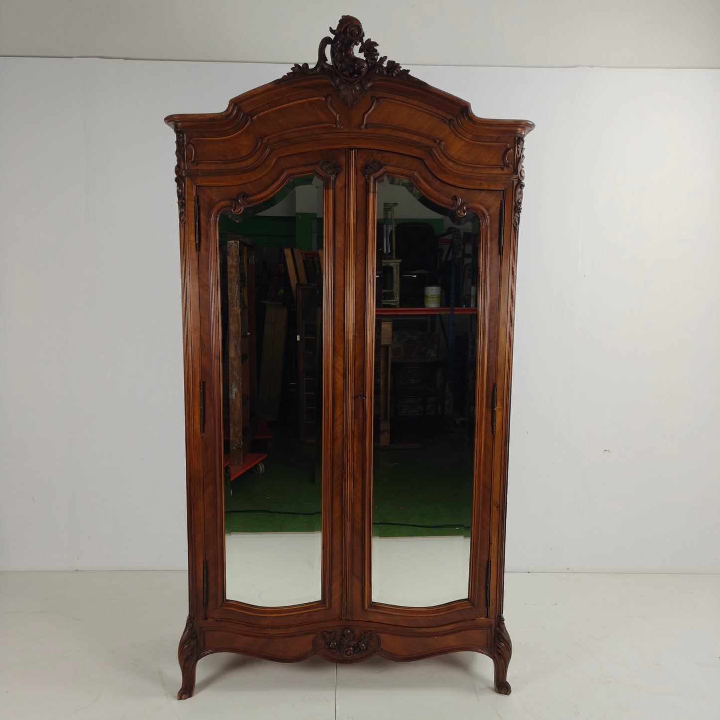 French Louis XV Style Carved Wood Armoire with Mirrored Doors