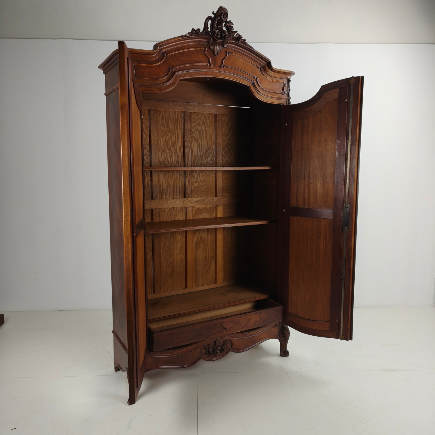 French Louis XV Style Carved Wood Armoire with Mirrored Doors