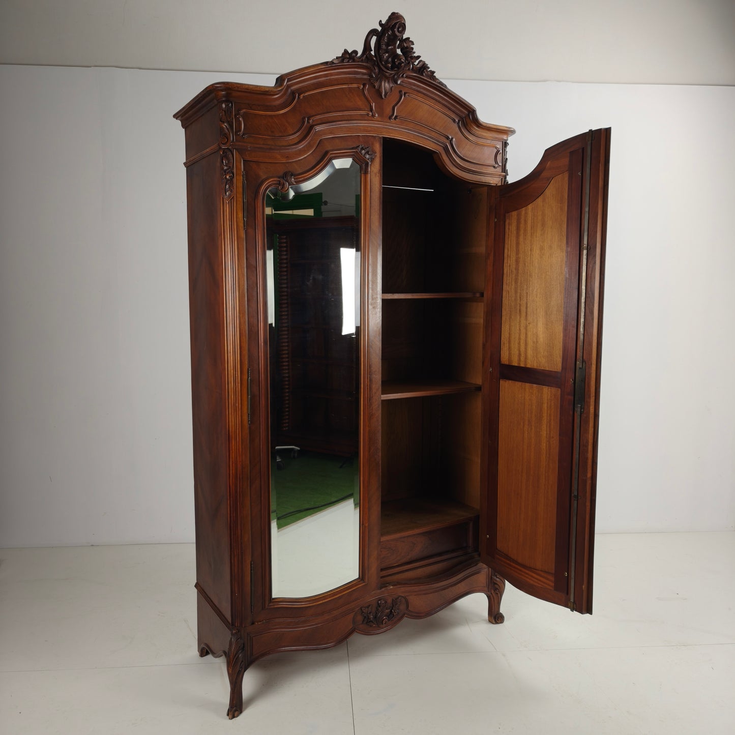 French Louis XV Style Carved Wood Armoire with Mirrored Doors