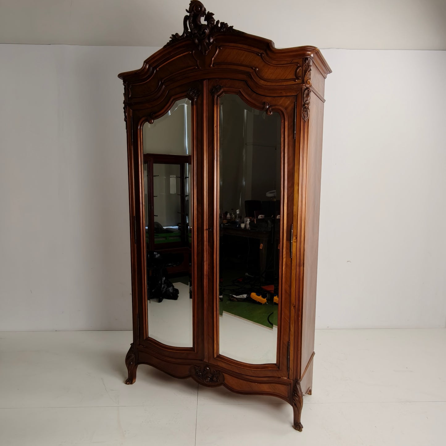 French Louis XV Style Carved Wood Armoire with Mirrored Doors