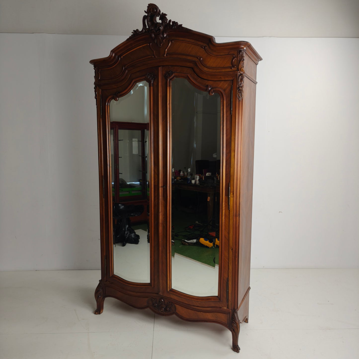 French Louis XV Style Carved Wood Armoire with Mirrored Doors