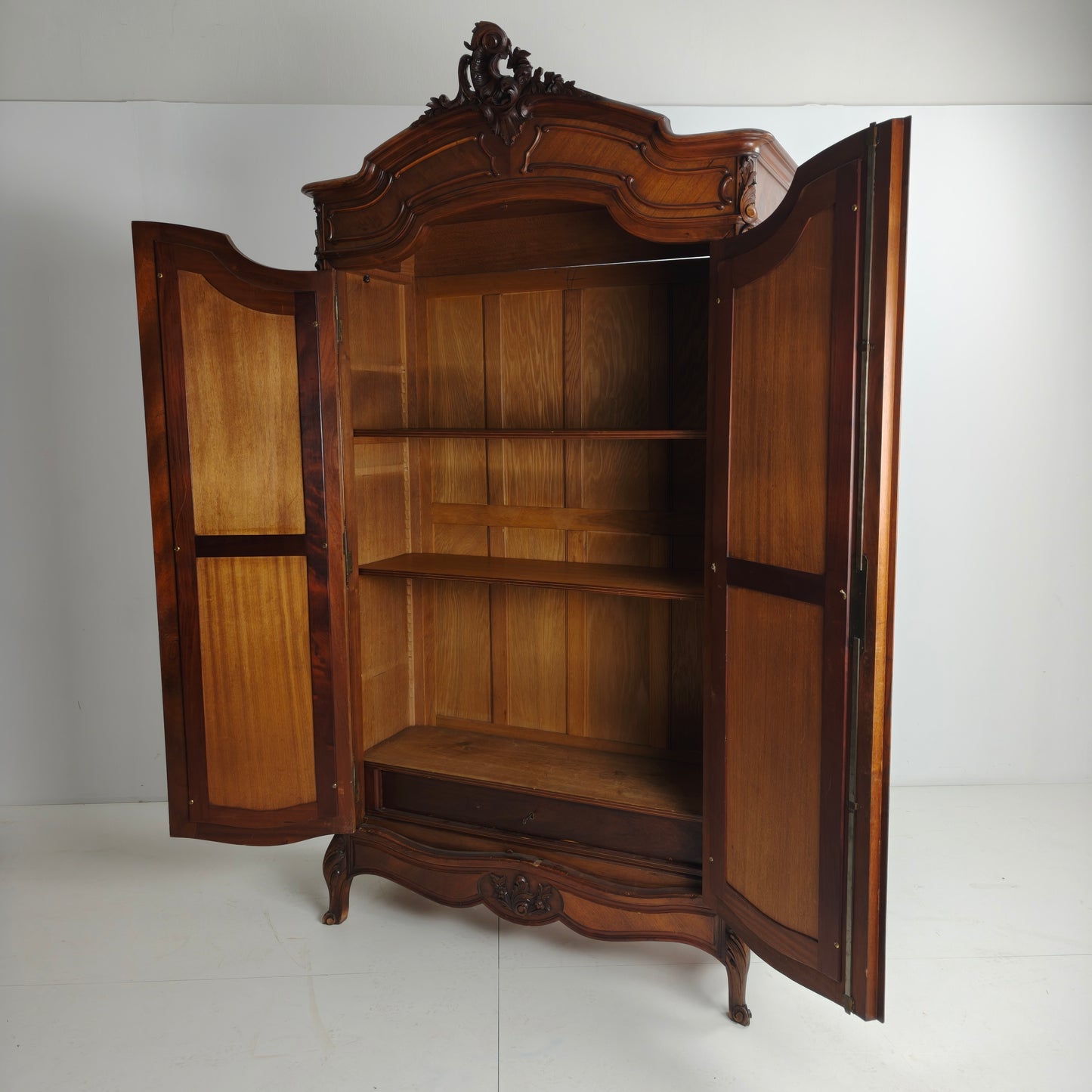 French Louis XV Style Carved Wood Armoire with Mirrored Doors