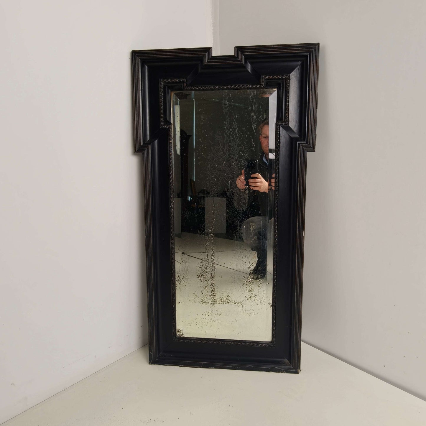 Late 19th Century Ebonised Mirror with Original Foxed Glass Late 19th Century Ebonised Mirror with Original Foxed Glass