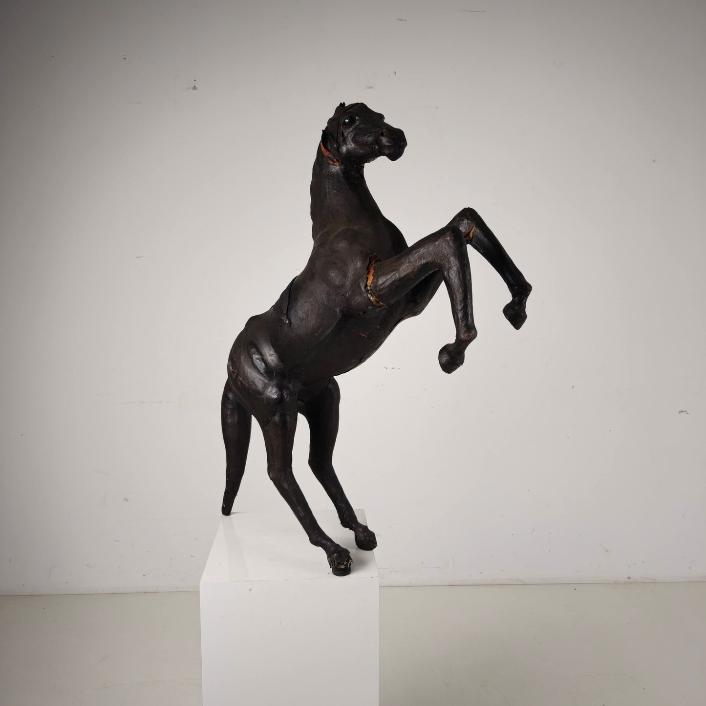 Early 20th Century Antique Leather Horse Sculpture with Glass Eyes