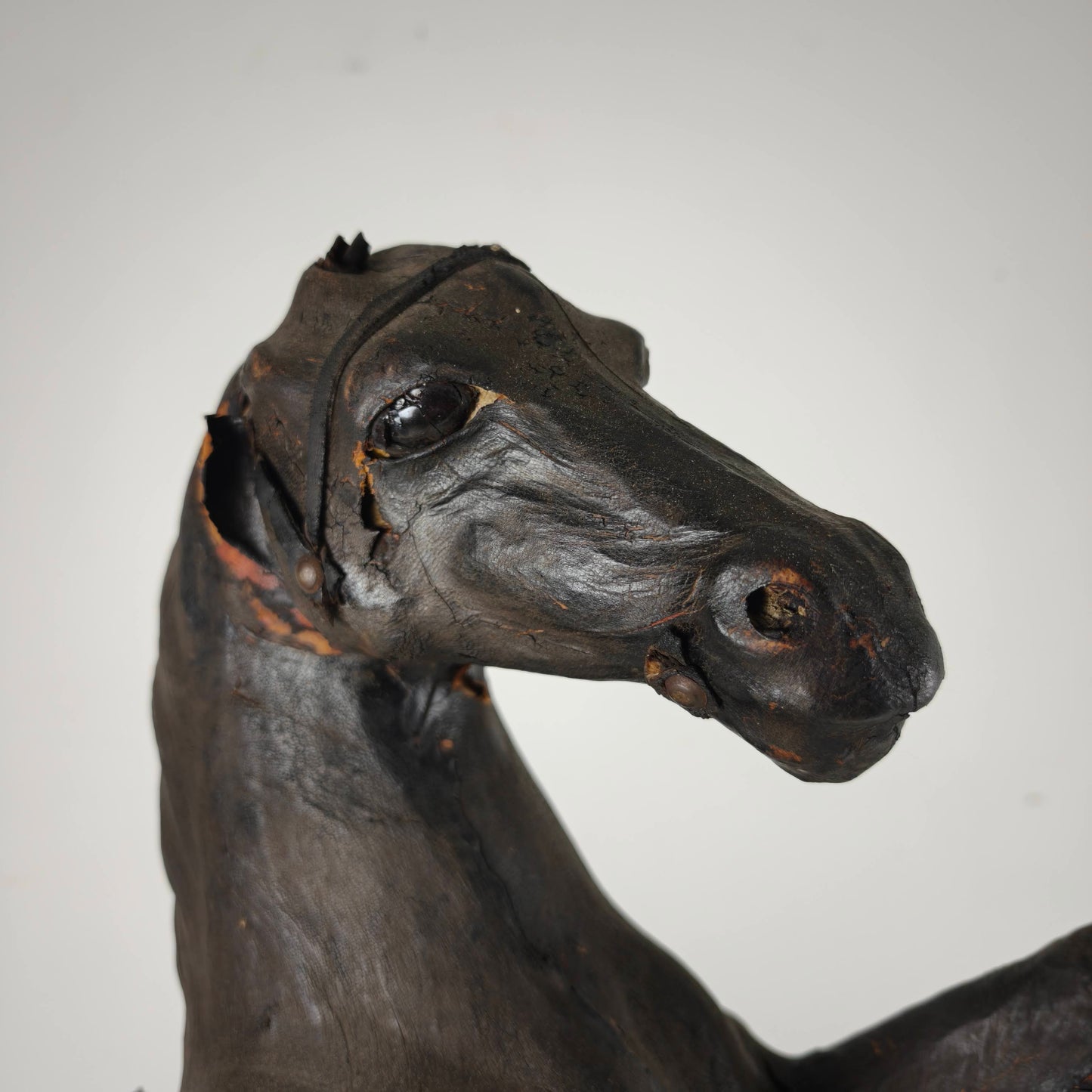 Early 20th Century Antique Leather Horse Sculpture with Glass Eyes