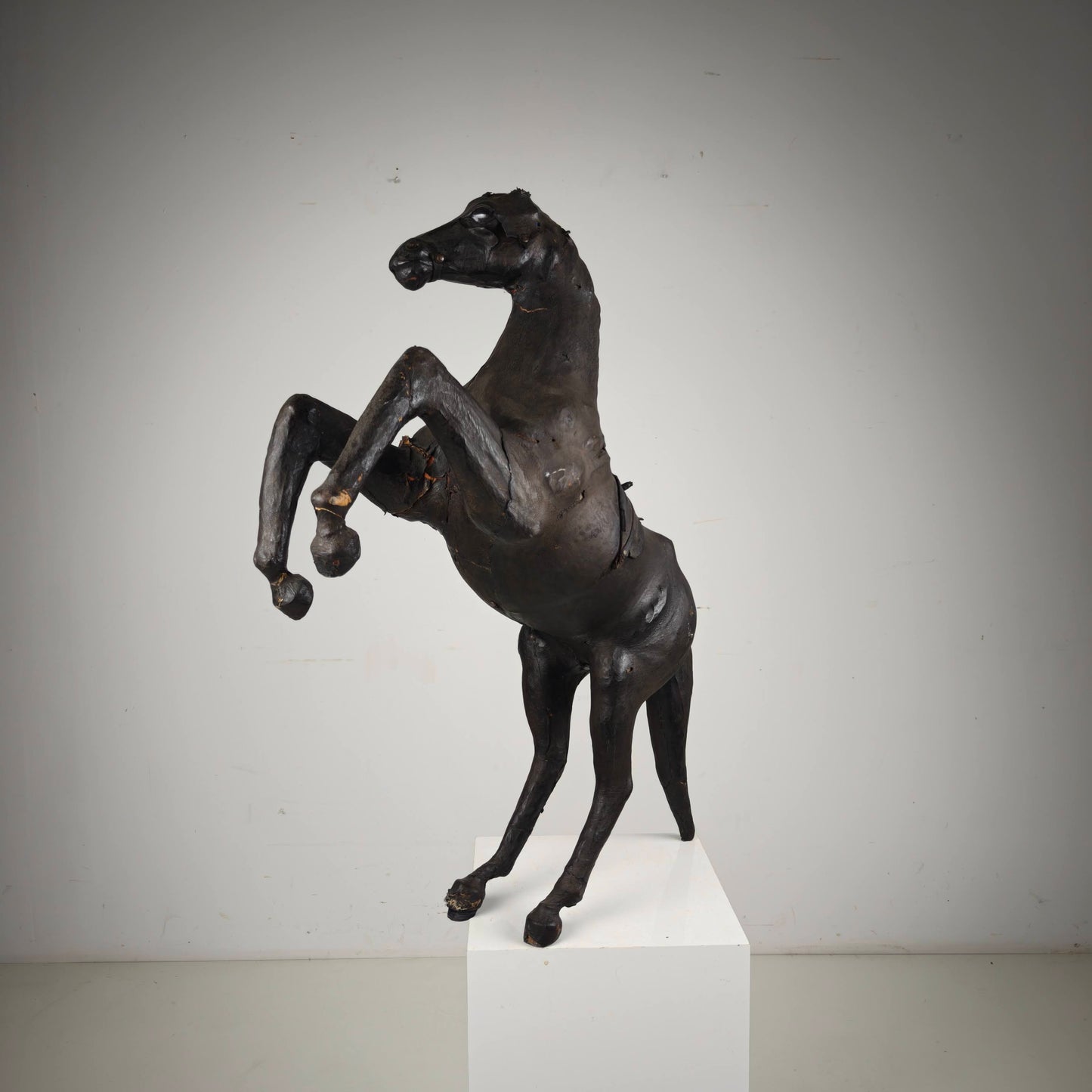 Early 20th Century Antique Leather Horse Sculpture with Glass Eyes