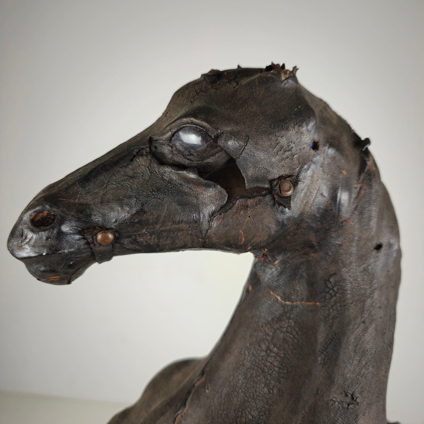 Early 20th Century Antique Leather Horse Sculpture with Glass Eyes