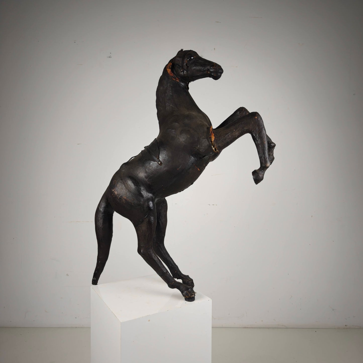 Early 20th Century Antique Leather Horse Sculpture with Glass Eyes
