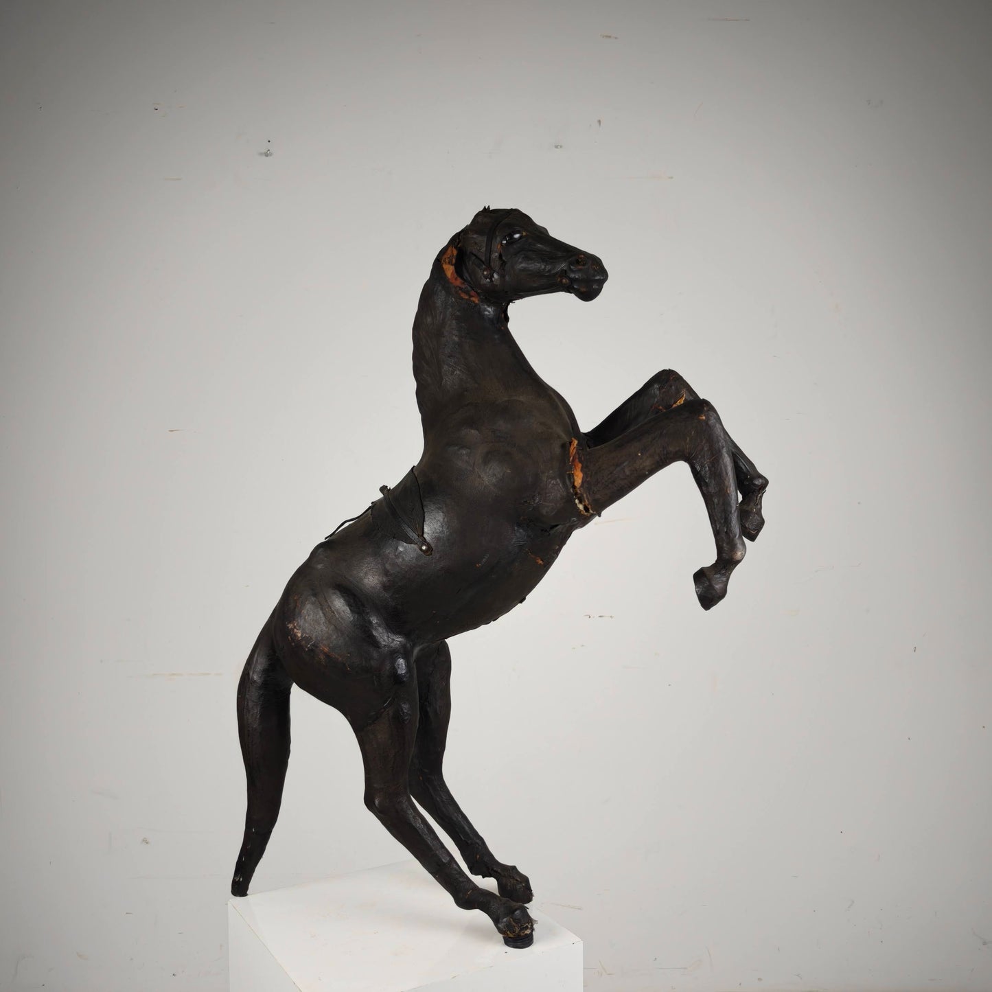 Early 20th Century Antique Leather Horse Sculpture with Glass Eyes
