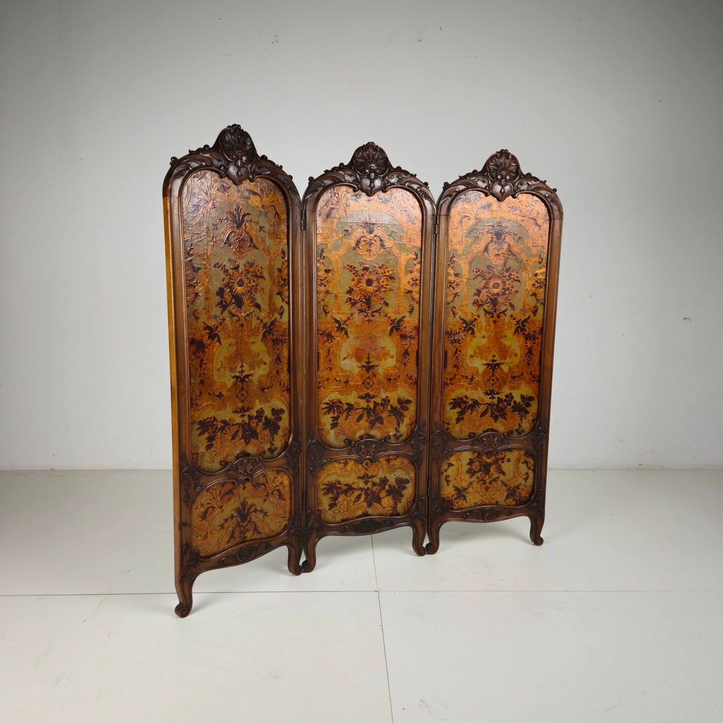 Gilt Leather Room Divider with Rich Carving, Circa 1860