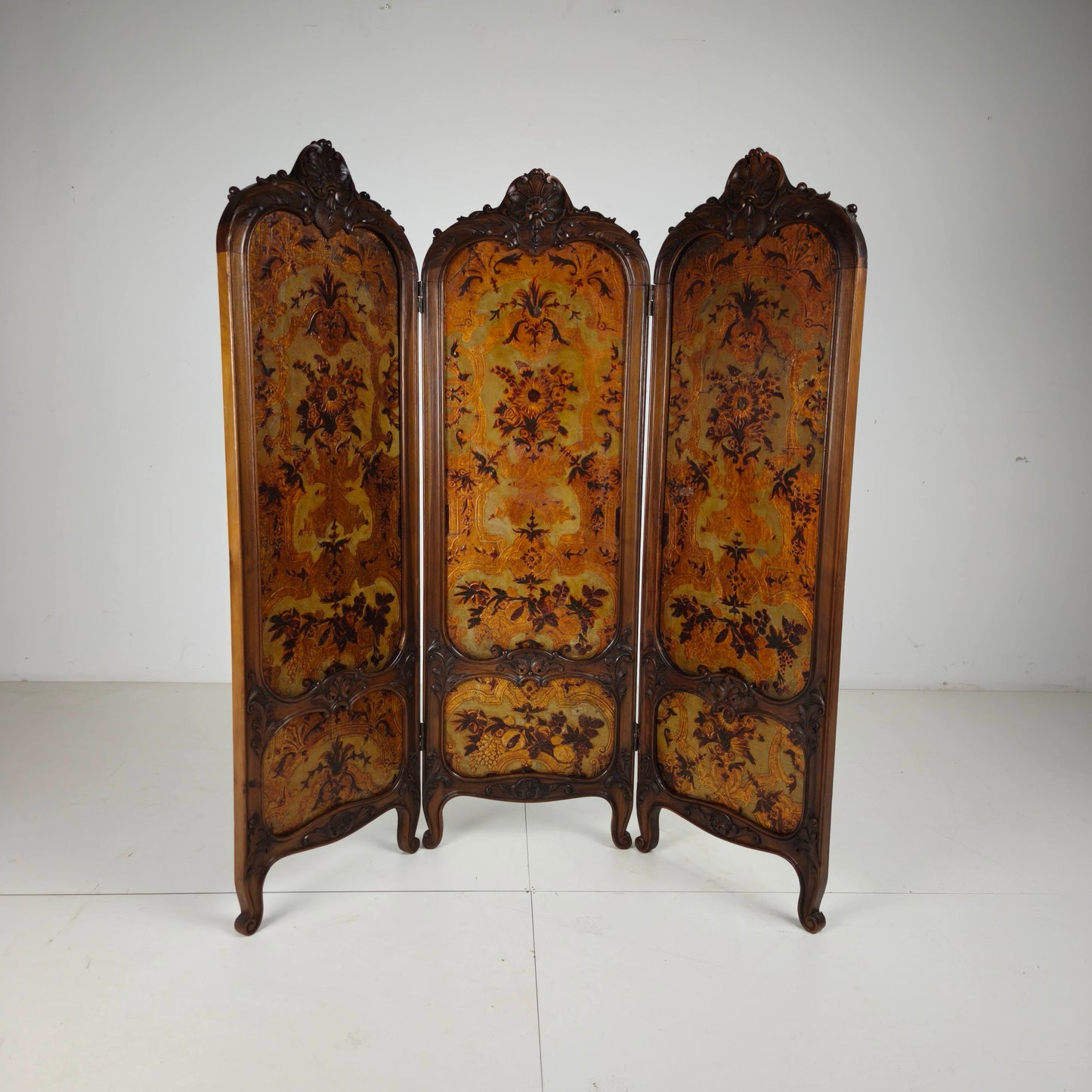 Gilt Leather Room Divider with Rich Carving, Circa 1860