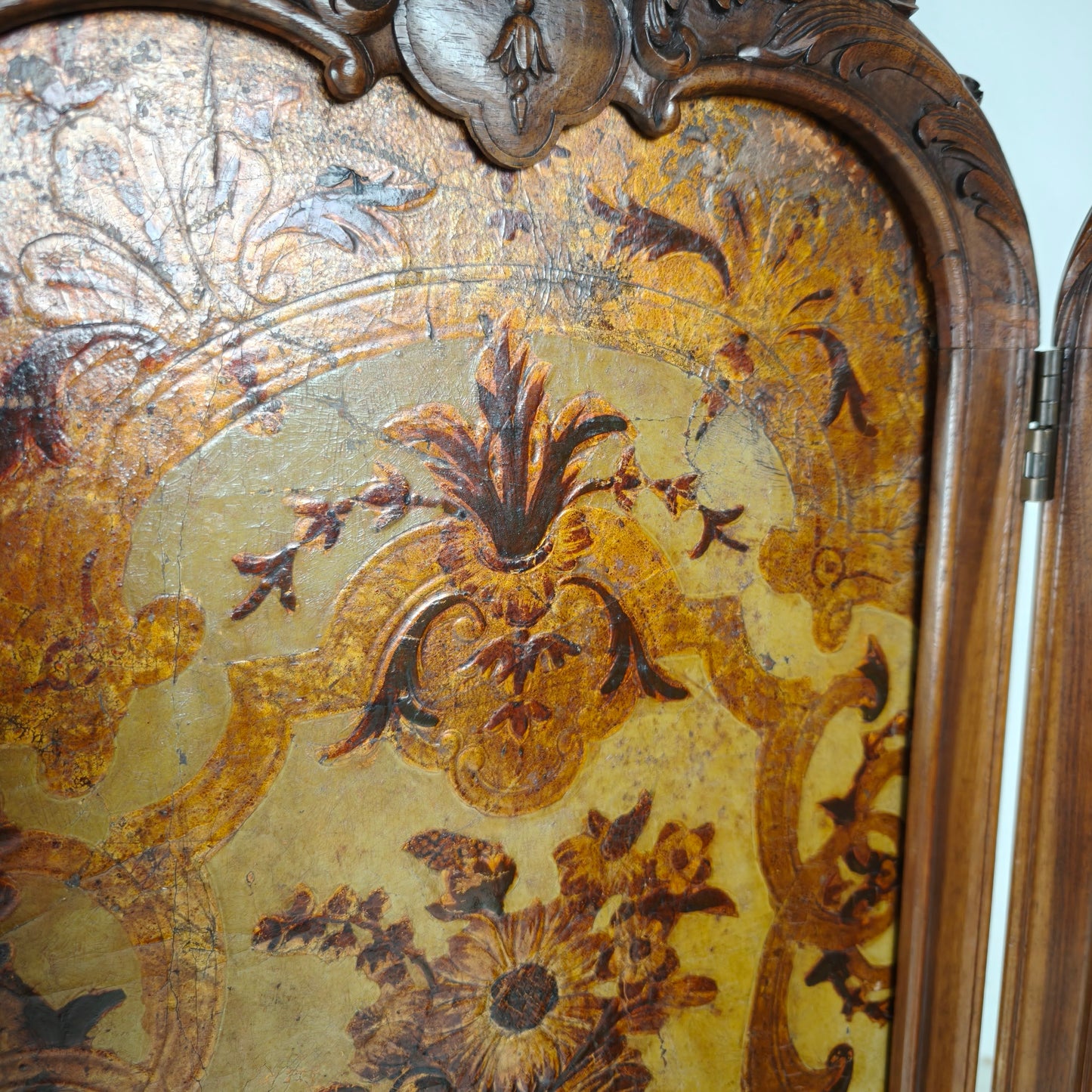 Gilt Leather Room Divider with Rich Carving, Circa 1860