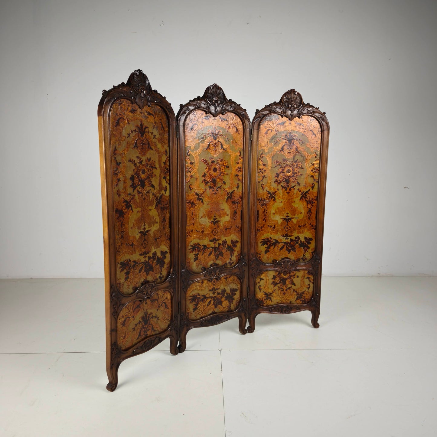 Gilt Leather Room Divider with Rich Carving, Circa 1860