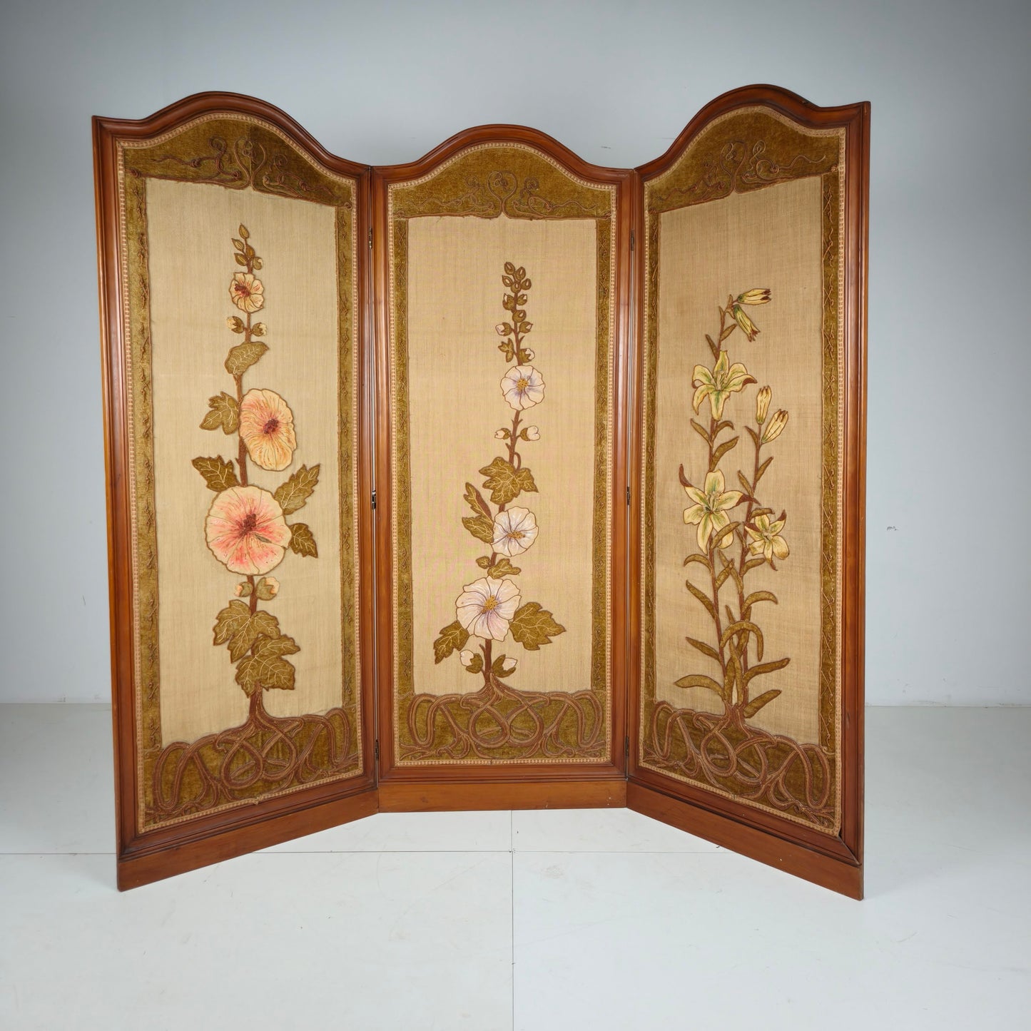 Art Nouveau Room Screen with Embroidered Floral Panels, circa 1900