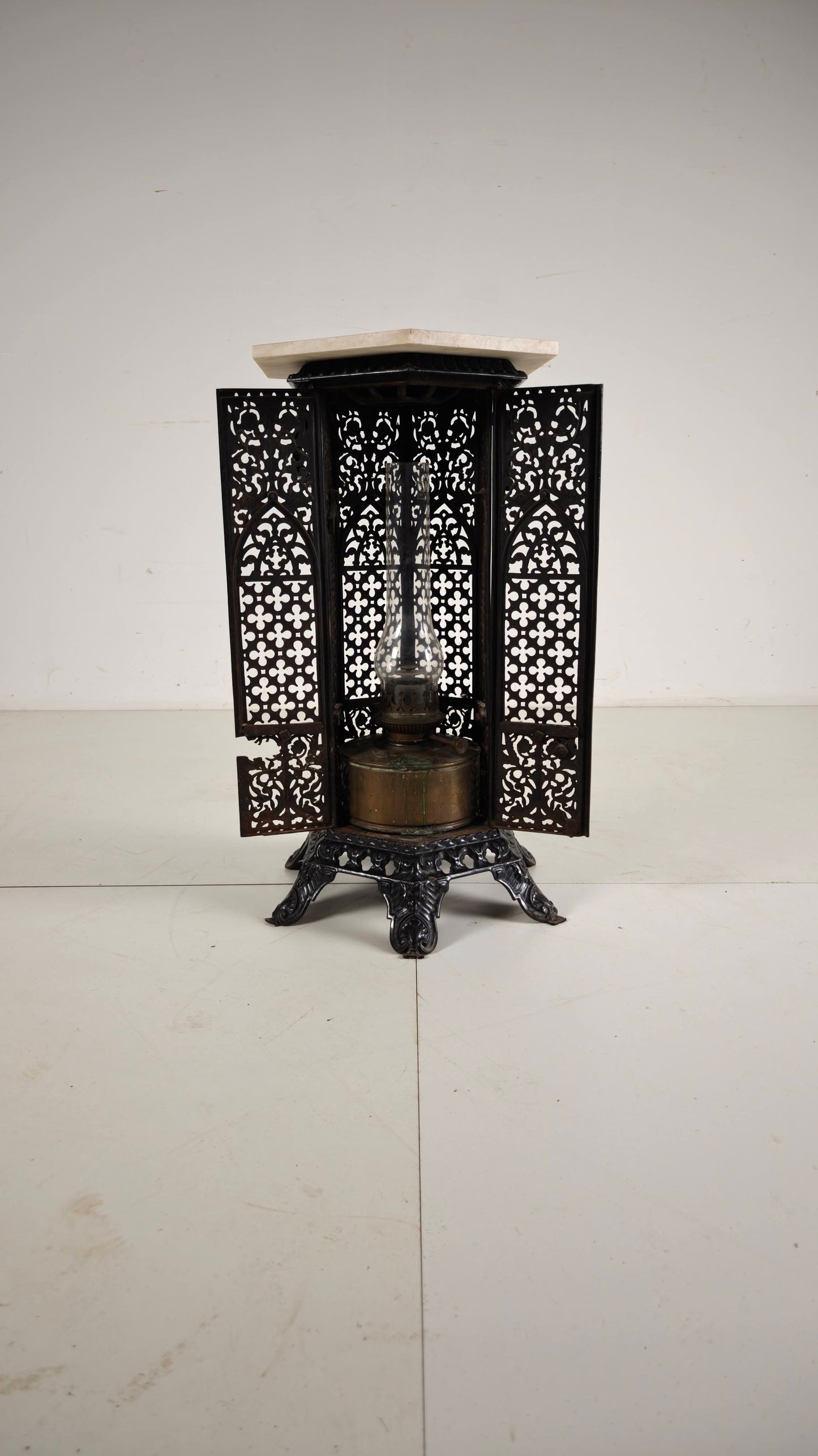 Orientalist Cast Iron side table with Marble Top, late 19th Century