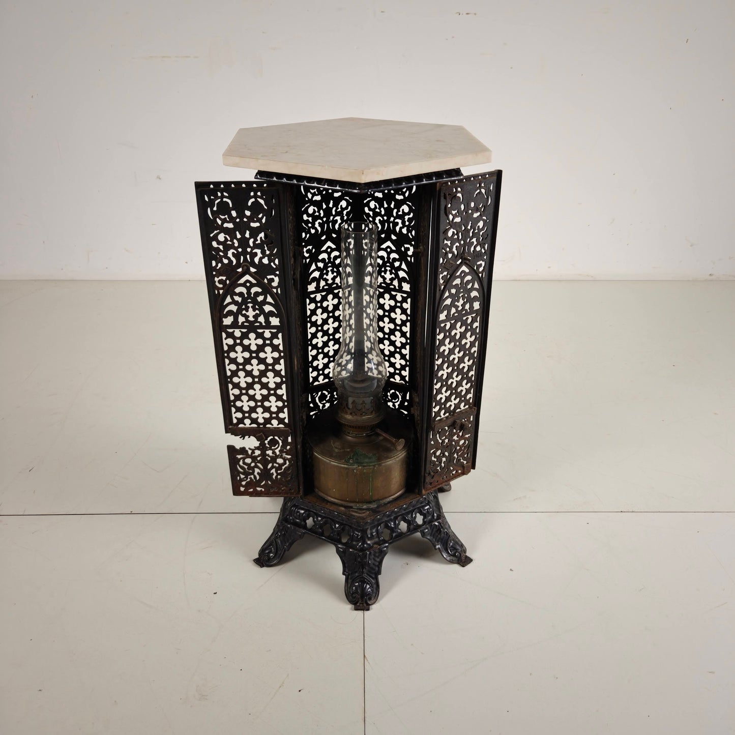Orientalist Cast Iron side table with Marble Top, late 19th Century