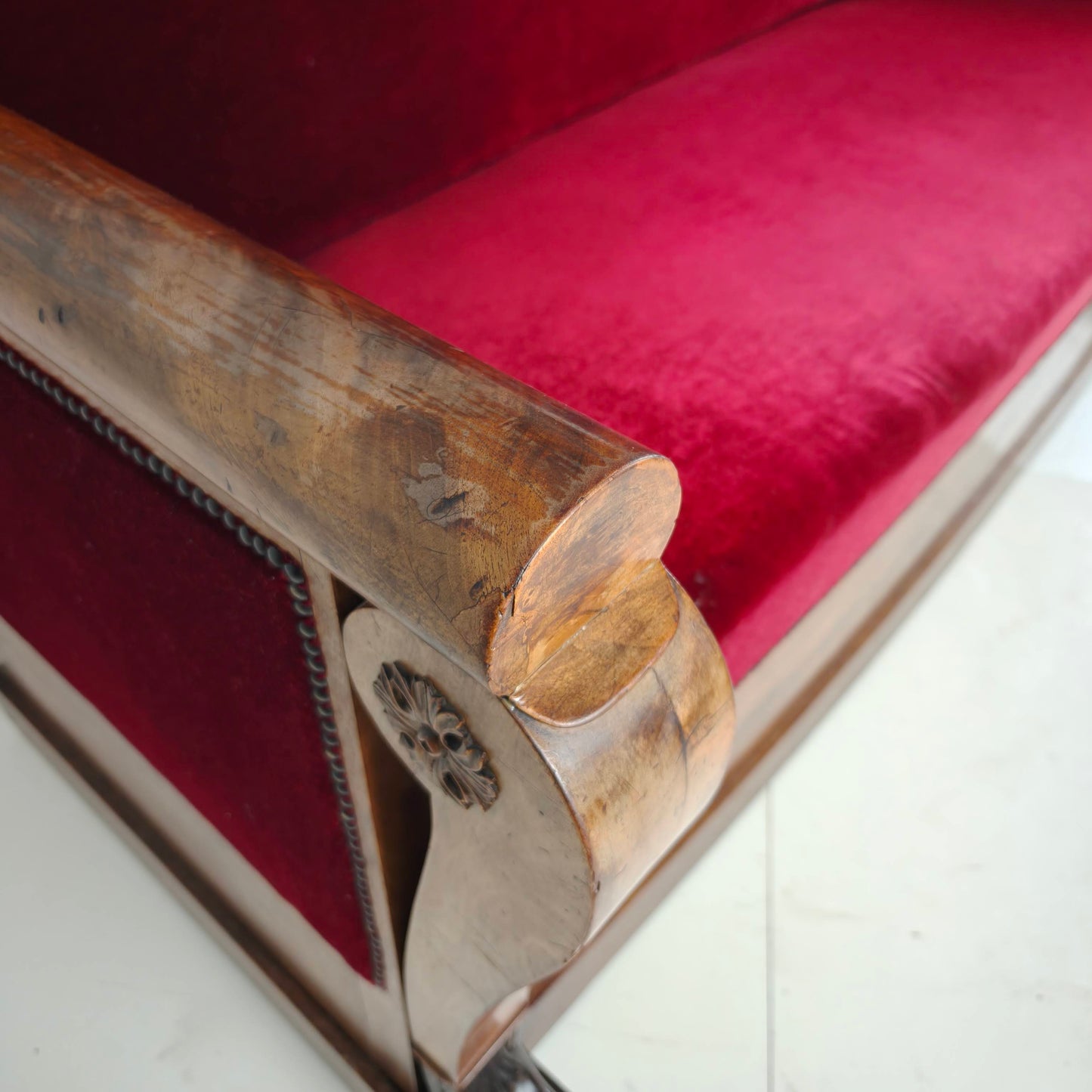 Empire Walnut Red Sofa, early 19th Century