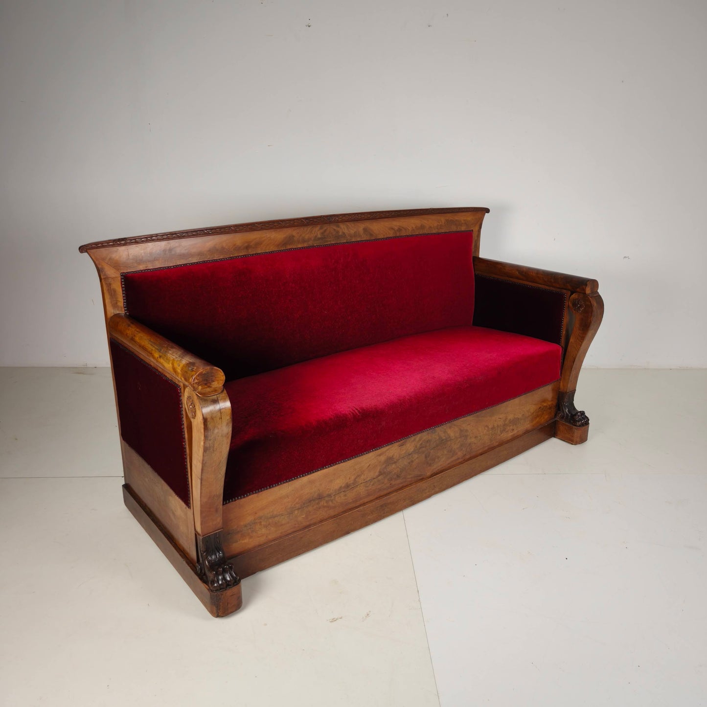 Empire Walnut Red Sofa, early 19th Century